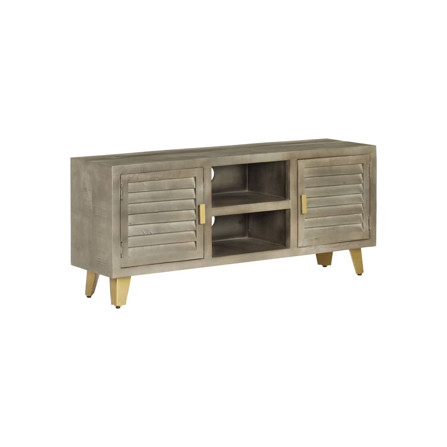 Meuble TV Bois solide de manguier Gris avec laiton 110x30x48 cm