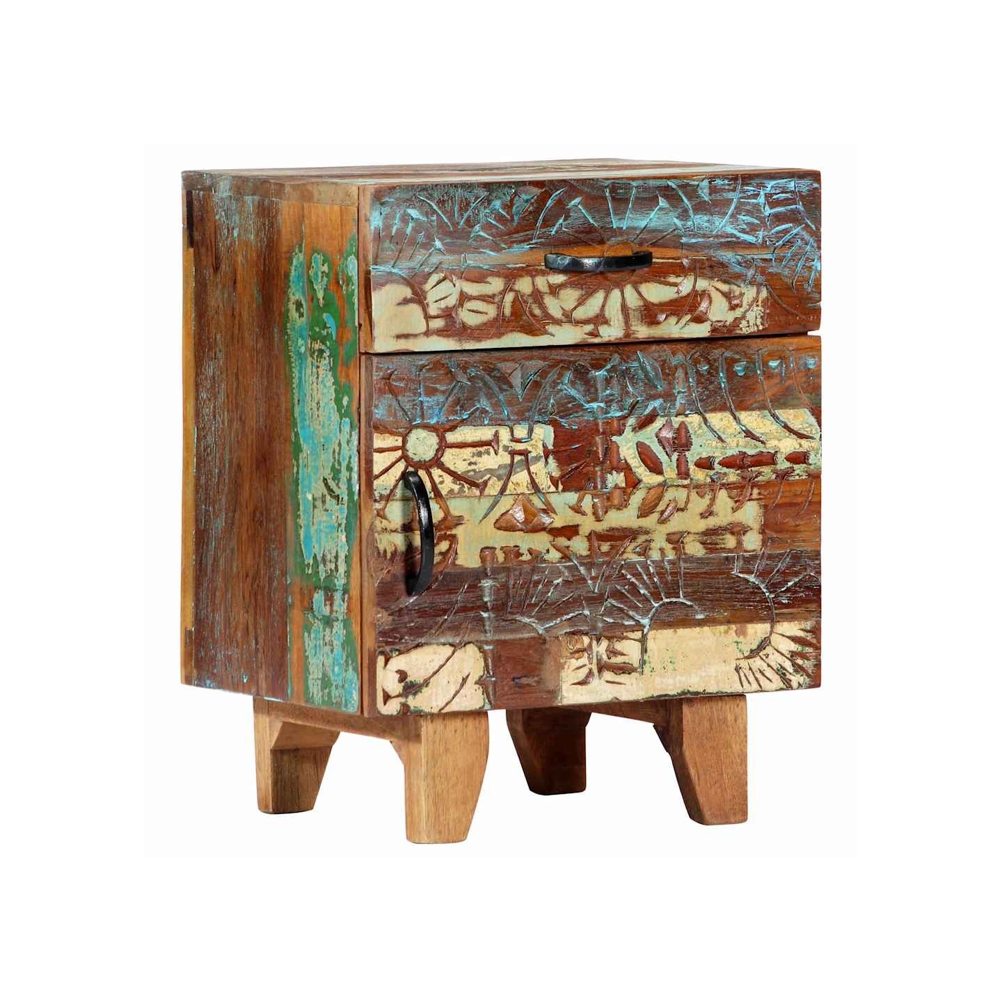 Table de chevet sculptée à la main 40x30x50cm Bois récupération