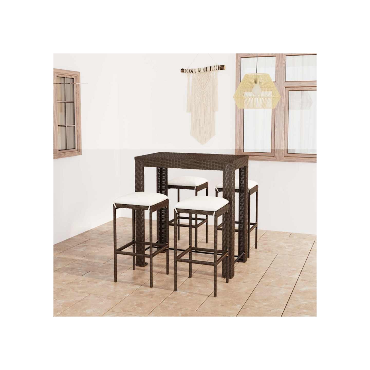 Meuble de bar de jardin 5 pcs et coussins Résine tressée Marron