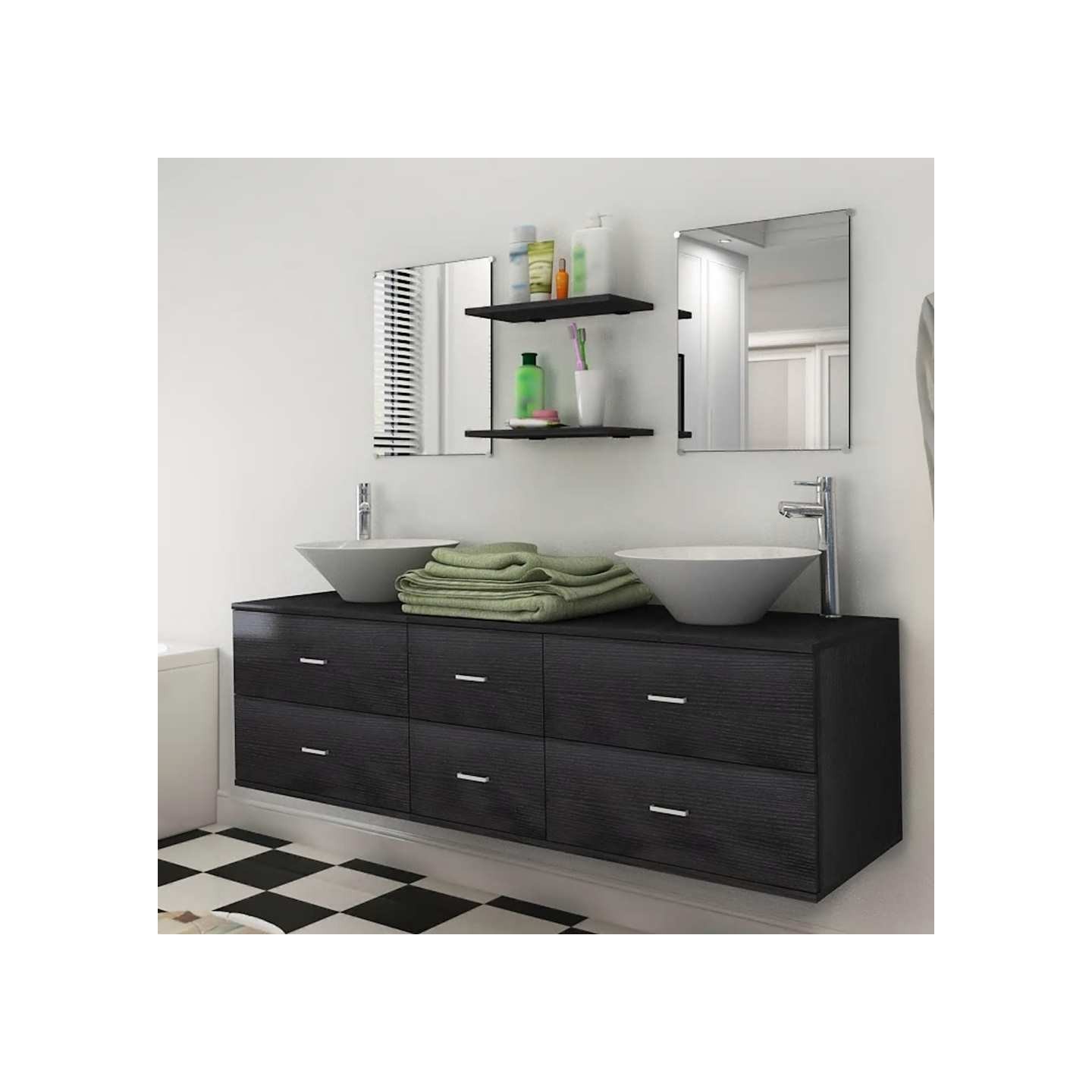 Meubles de salle de bain 9 pcs avec lavabo et robinet Noir