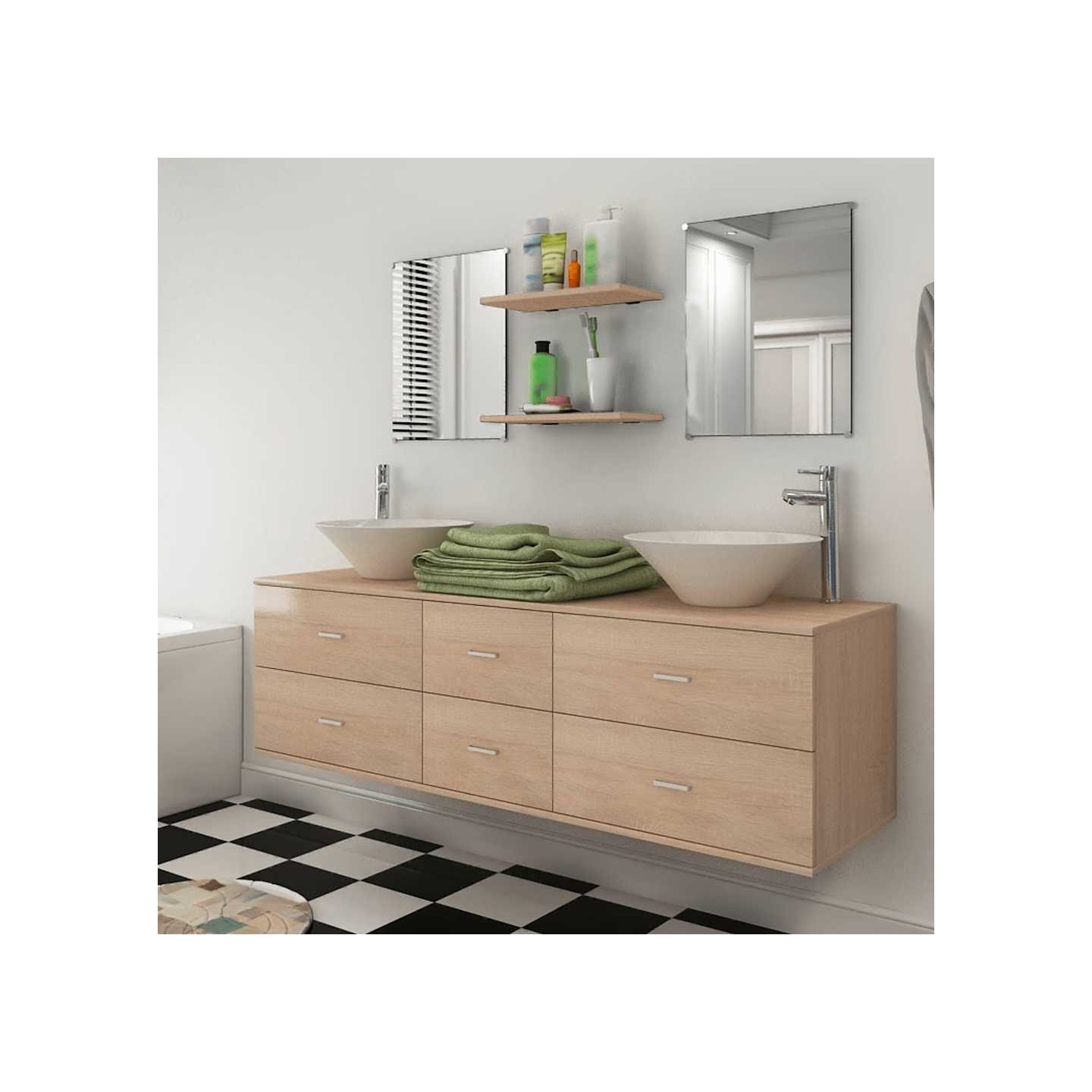 Meuble de salle de bain 9 pcs avec lavabo et robinet Beige