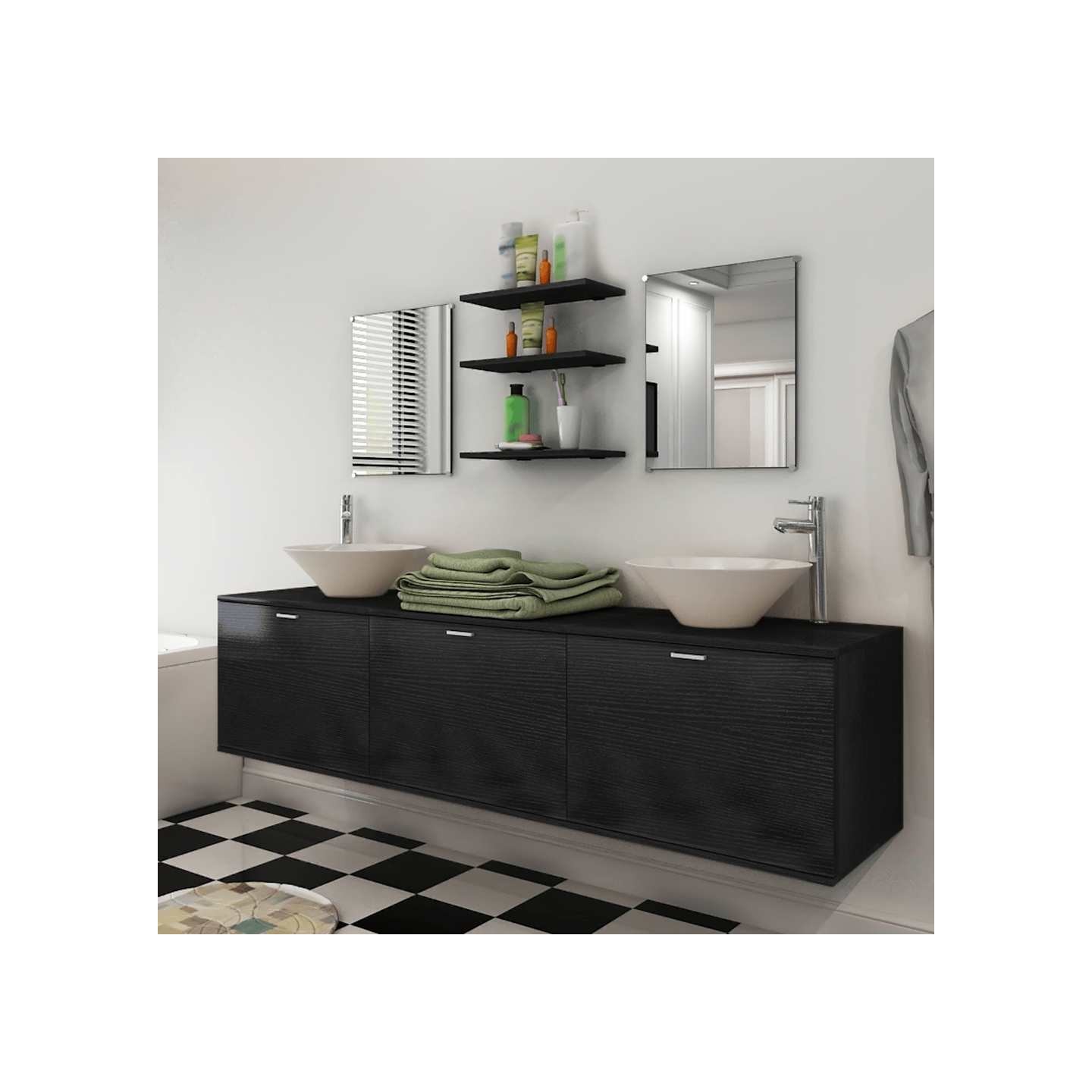 Dix pièces pour salle de bains avec lavabo et robinet noir