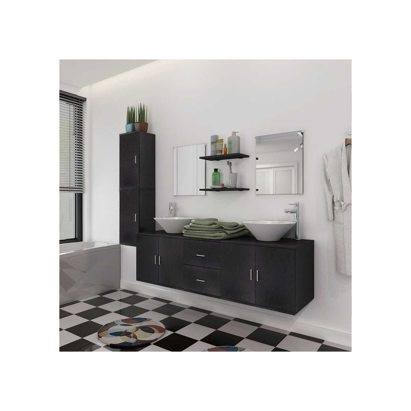 Meuble de salle de bain 11 pcs avec lavabo et robinet Noir