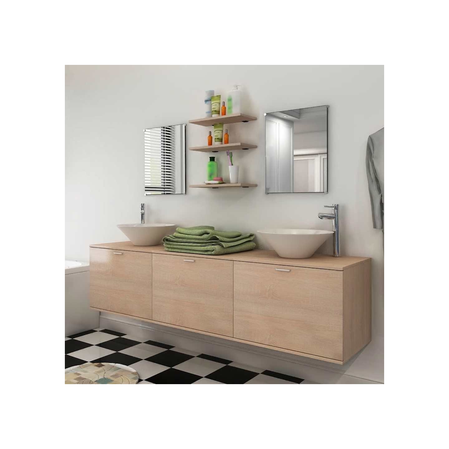 Dix pièces pour salle de bains avec lavabo et robinet beige