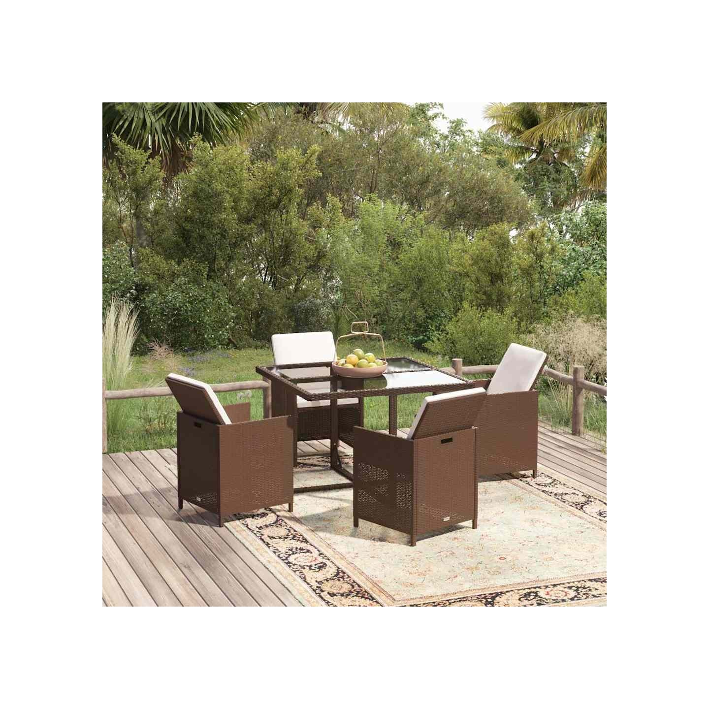 Ensemble à dîner de jardin avec coussins 5 pcs poly rotin brun