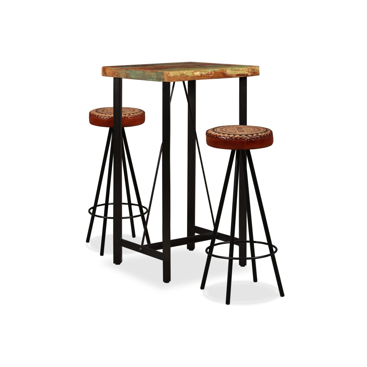 Ensemble de bar 3 pcs Bois de récupération Cuir véritable et toile