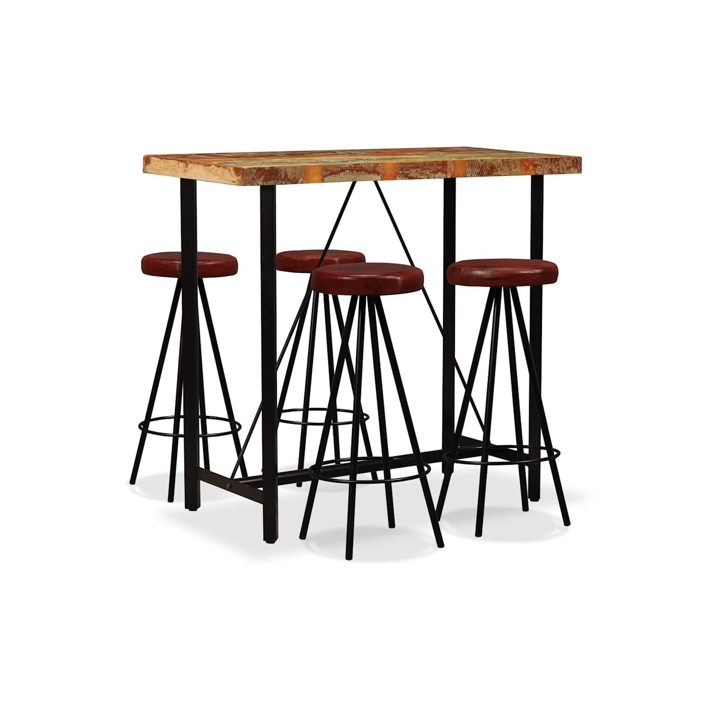 Ensemble de bar 5 pcs Bois massif recyclé et cuir véritable