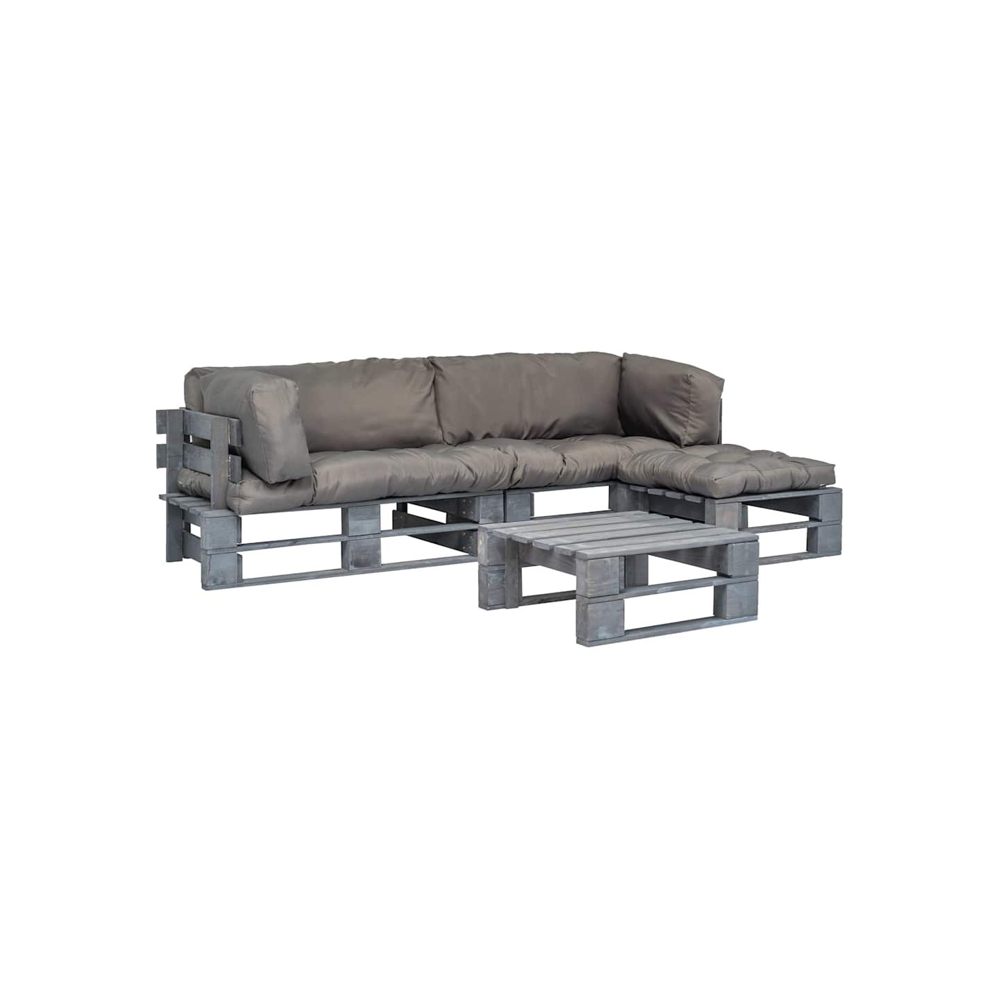Salon palette de jardin 4 pcs avec coussins gris bois