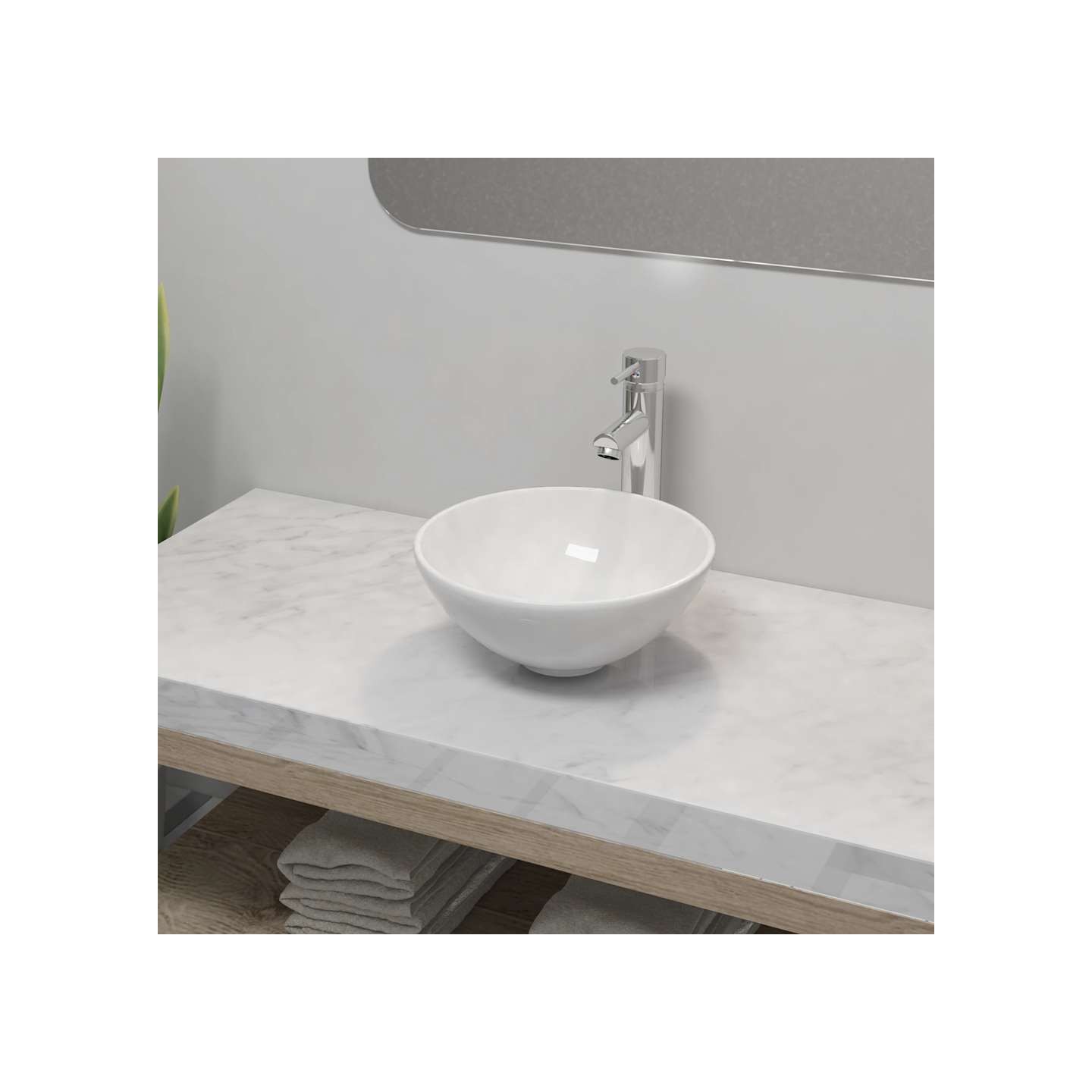 Lavabo de salle de bain avec mitigeur Céramique Rond Blanc
