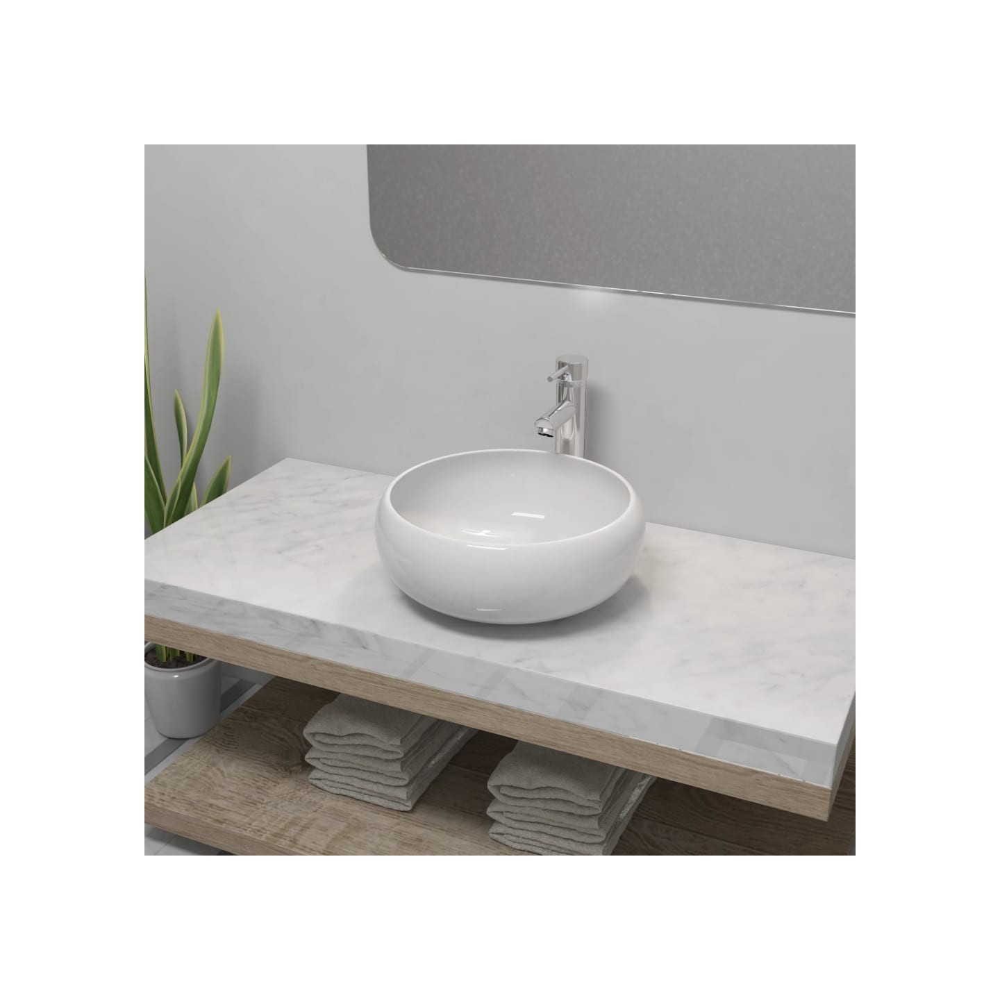 Lavabo de salle de bain avec mitigeur Céramique Rond Blanc