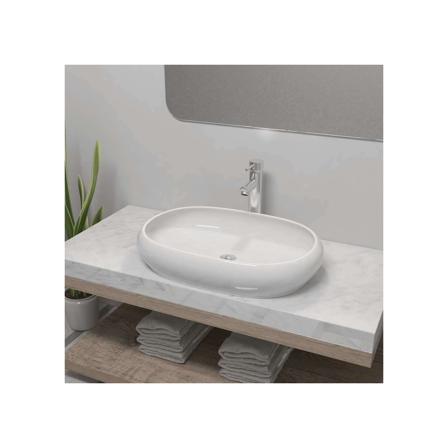 Lavabo de salle de bain avec mitigeur Céramique Ovale Blanc