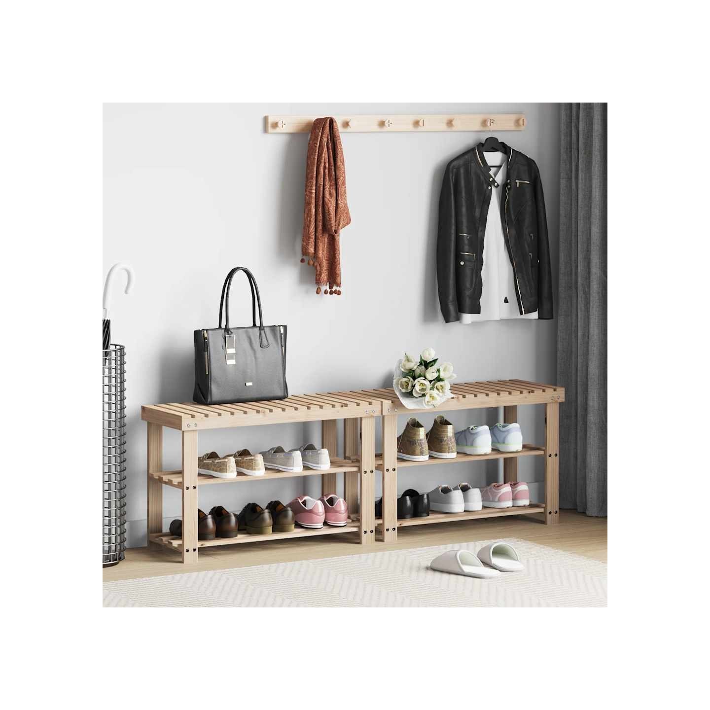 Étagère à chaussures 2 en 1 avec dessus banc 2 pcs Bois massif