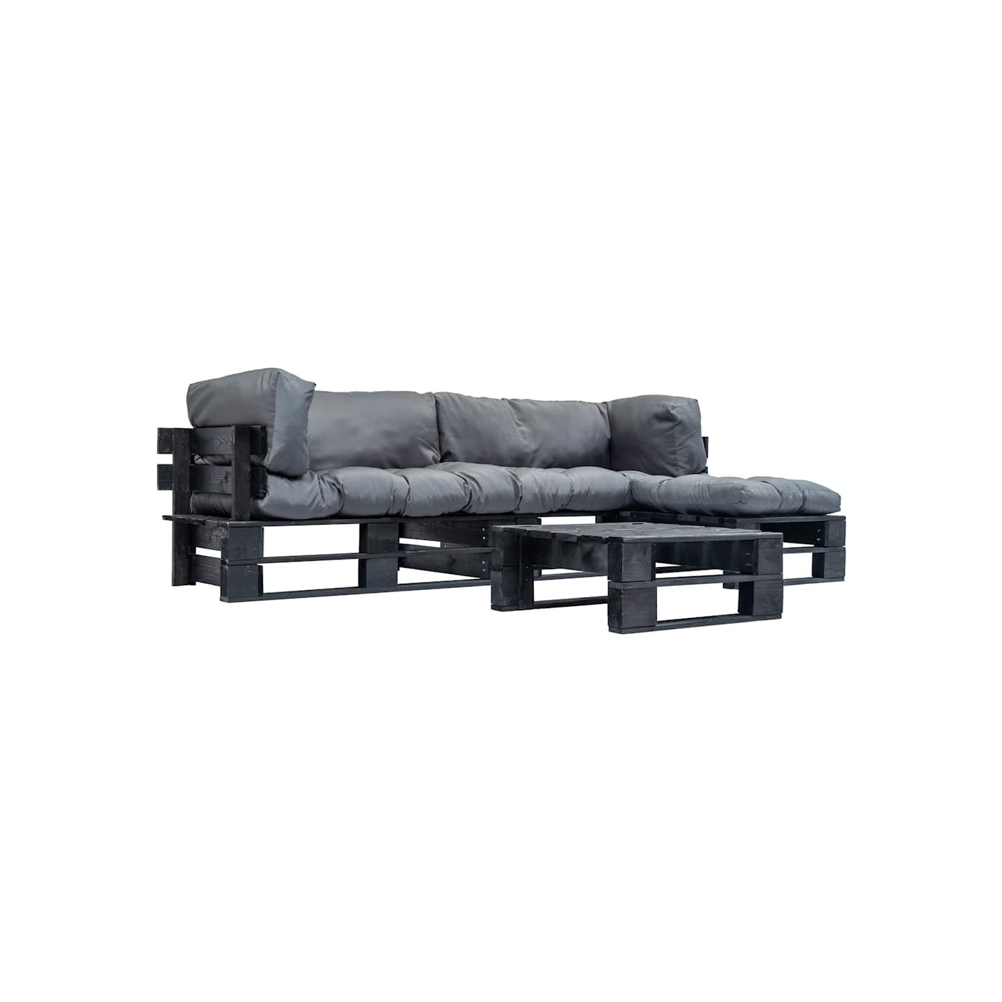 Salon de jardin palette 4 pcs avec coussins gris bois
