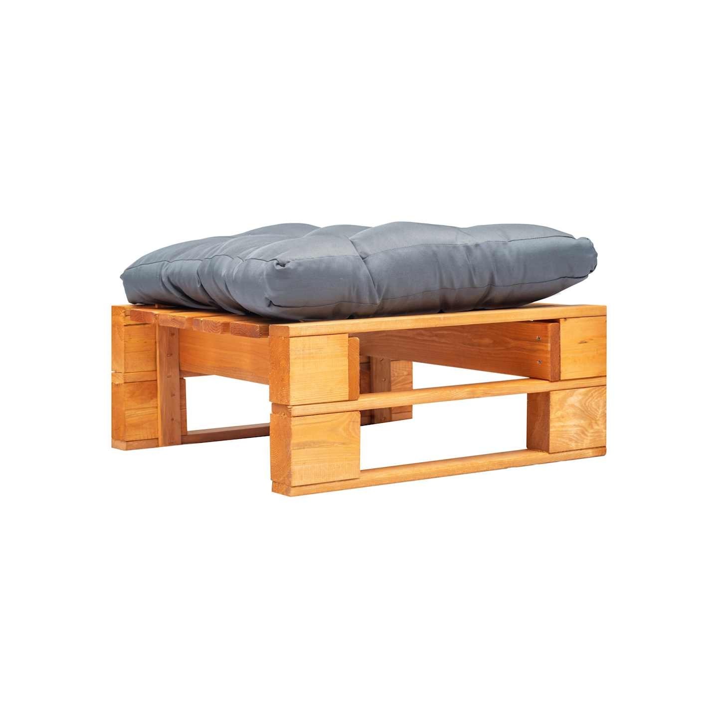 Repose-pied palette de jardin et coussin gris marron miel bois