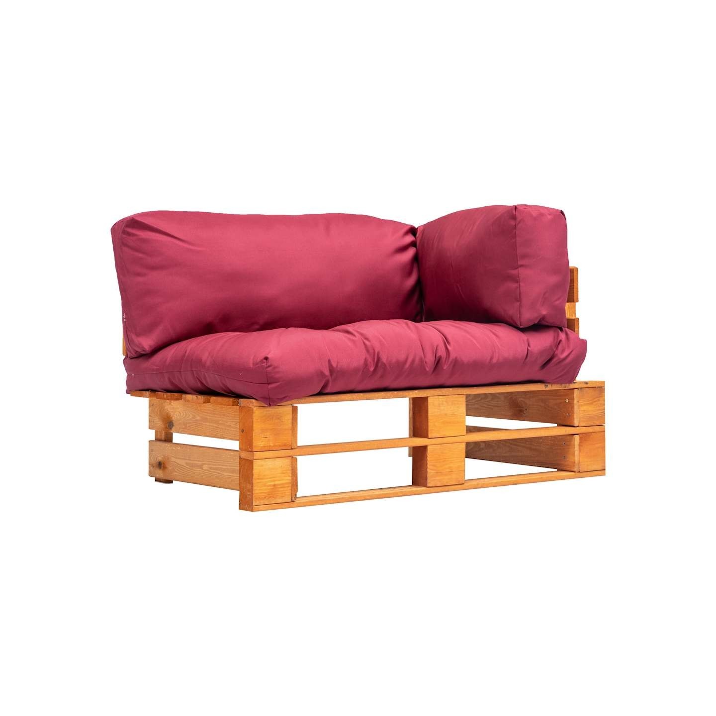 Canapé de jardin palette avec coussins rouge pinède