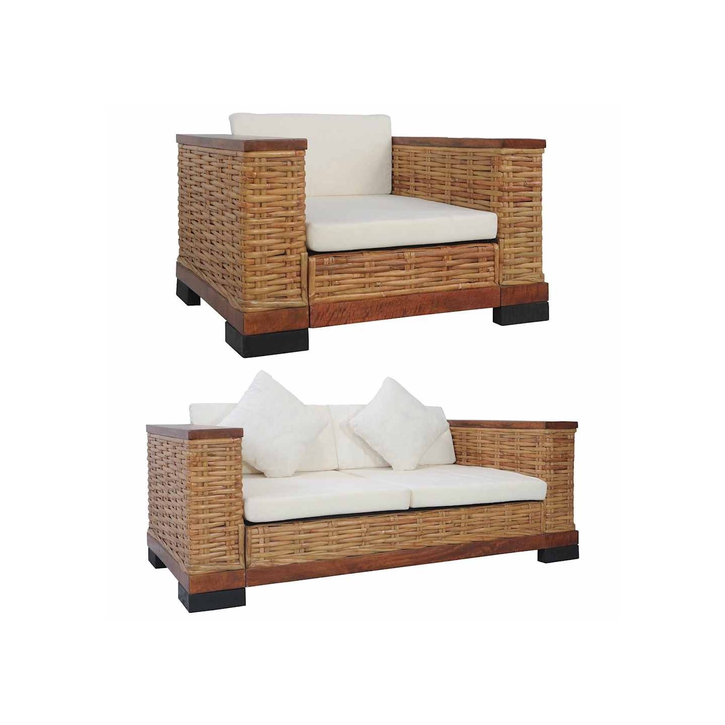 Ensemble de canapés 2 pcs avec coussins marron rotin naturel