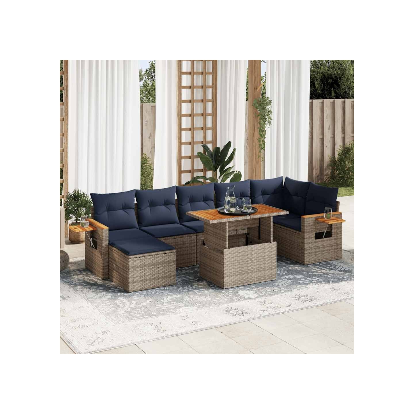 Salon de jardin 8pcs avec coussins marron résine tressée acacia