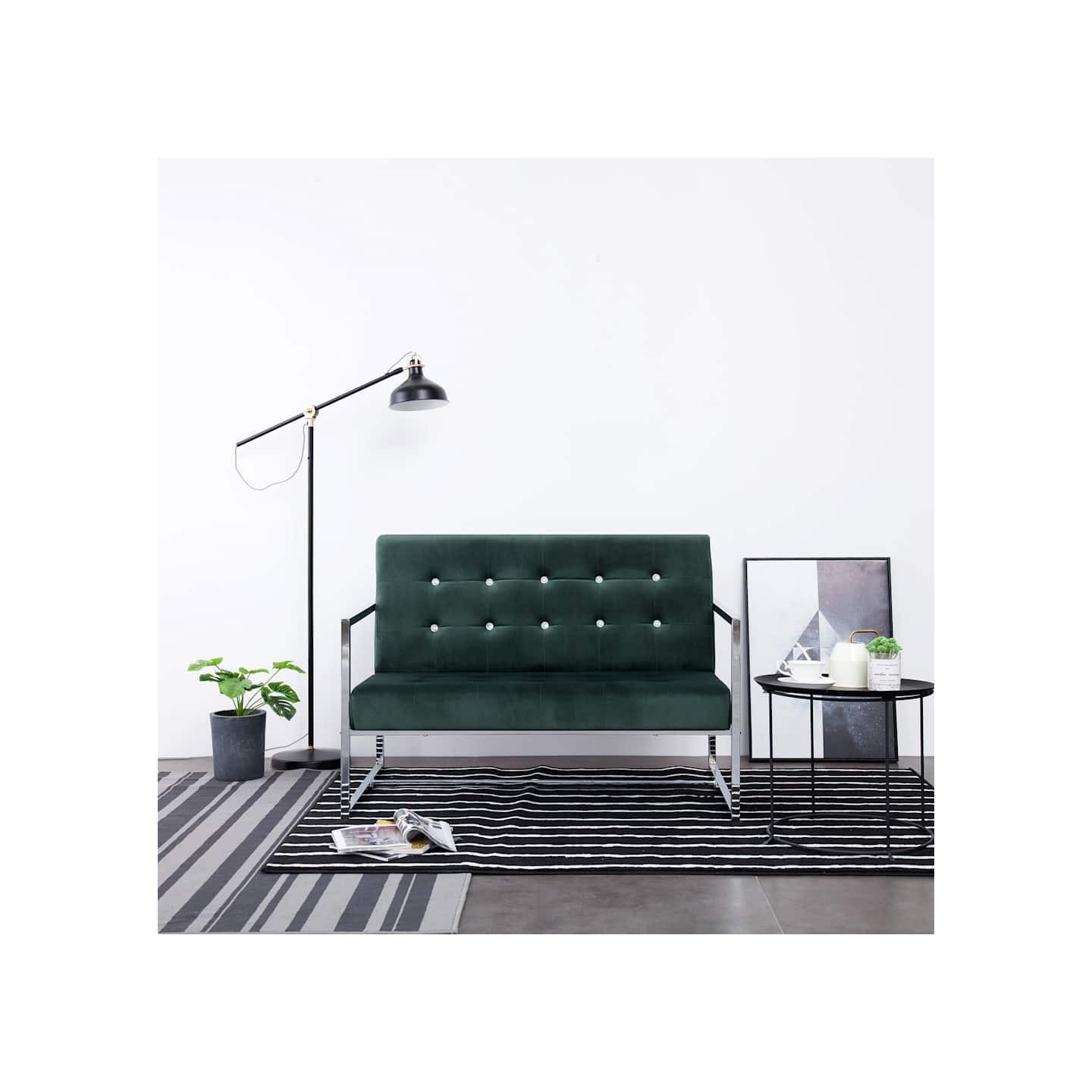 Canapé 2 places avec accoudoirs Vert foncé Chrome et velours