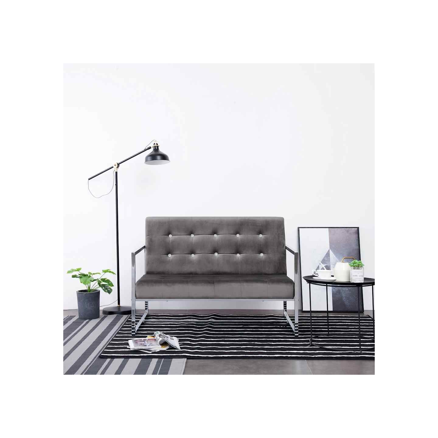 Canapé 2 places avec accoudoirs Gris foncé Chrome et velours