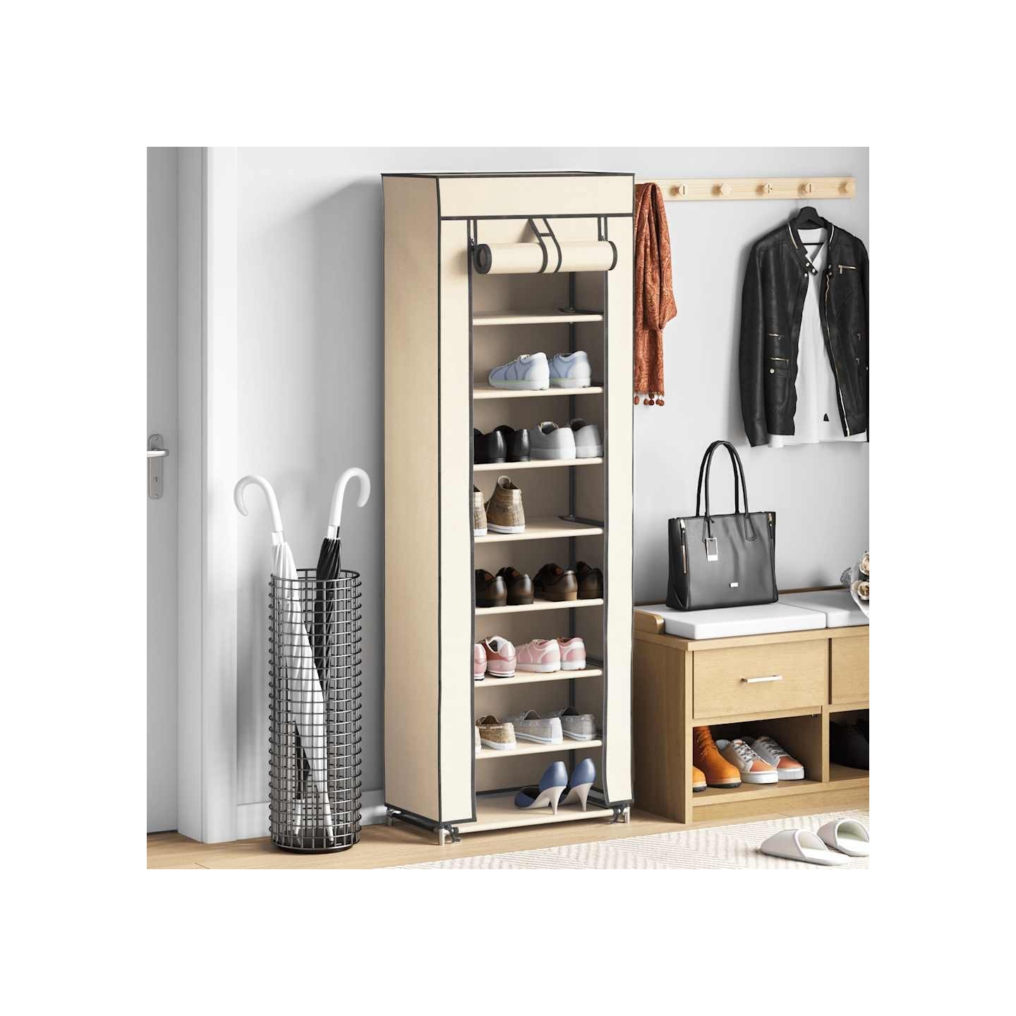 Armoire à chaussures avec housse Crème 57x29x162 cm Tissu