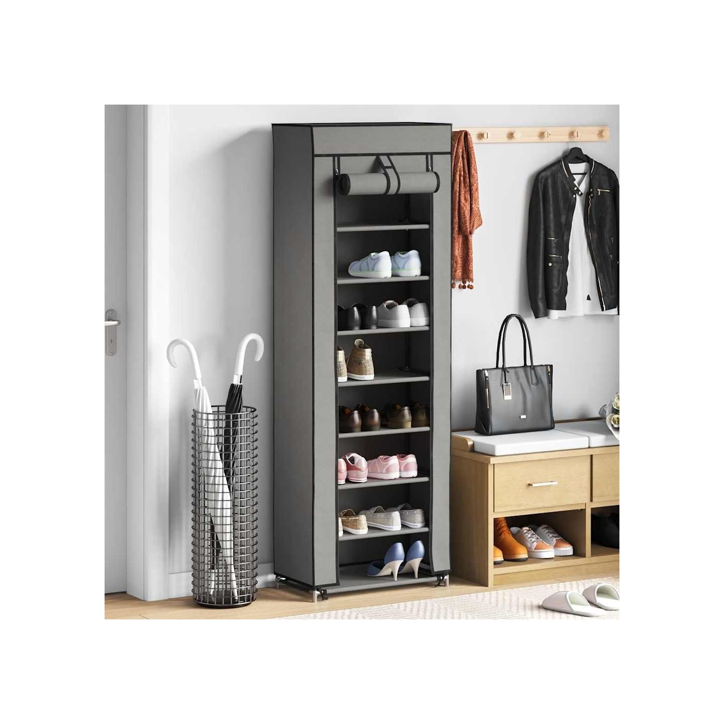 Armoire à chaussures avec housse Gris 57x29x162 cm Tissu