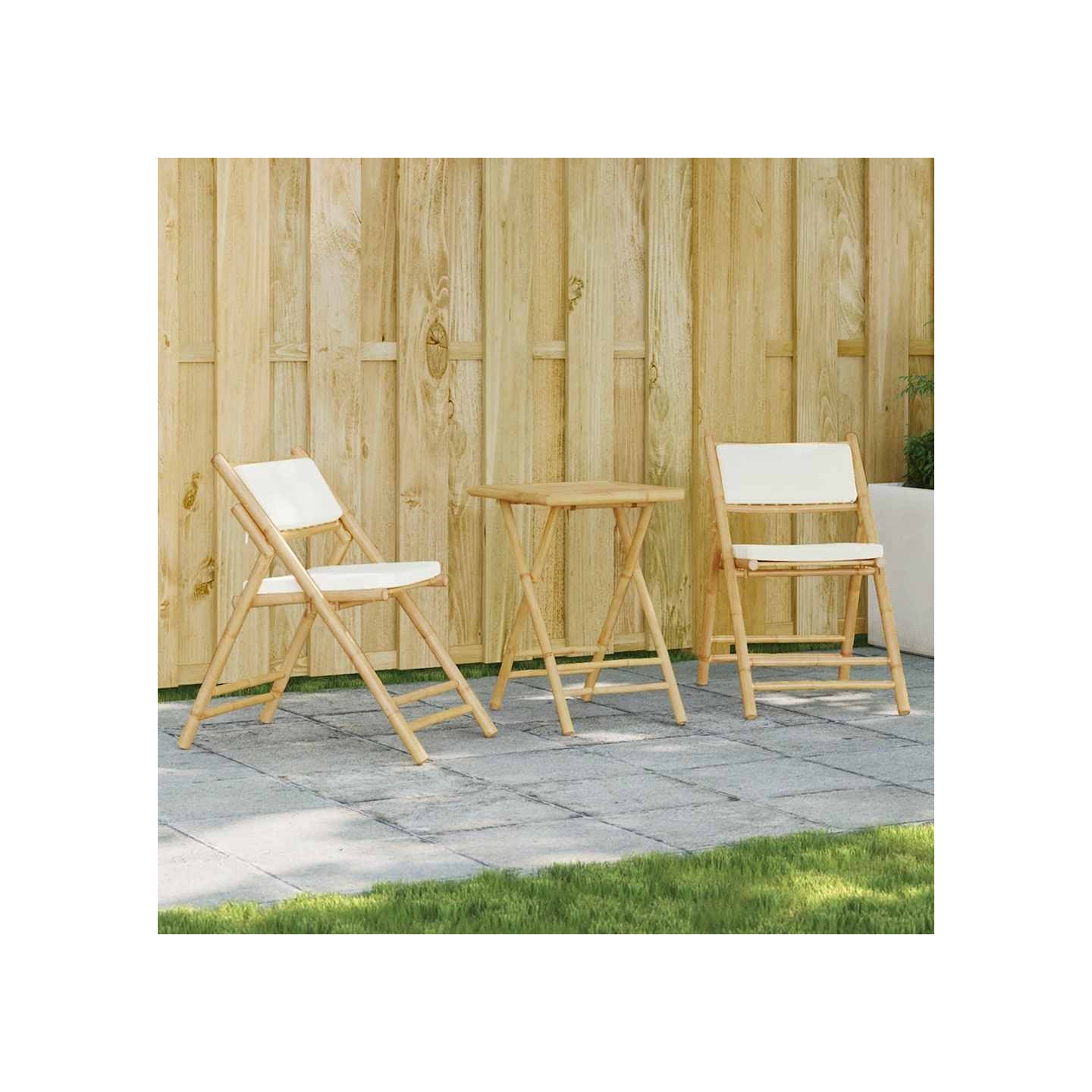 Ensemble de bistro pliante 3 pcs et coussins blanc crème bambou