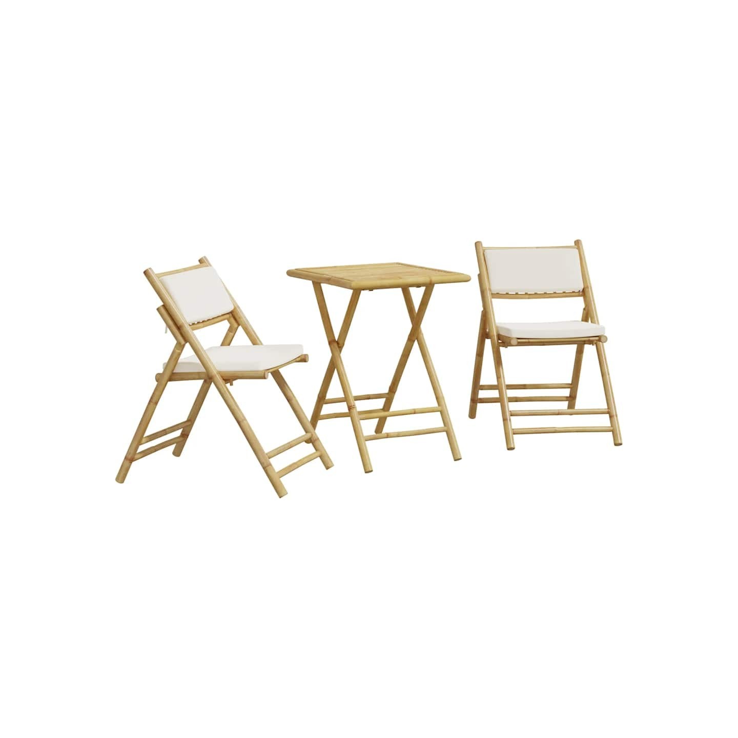 Ensemble de bistro pliante 3 pcs et coussins blanc crème bambou