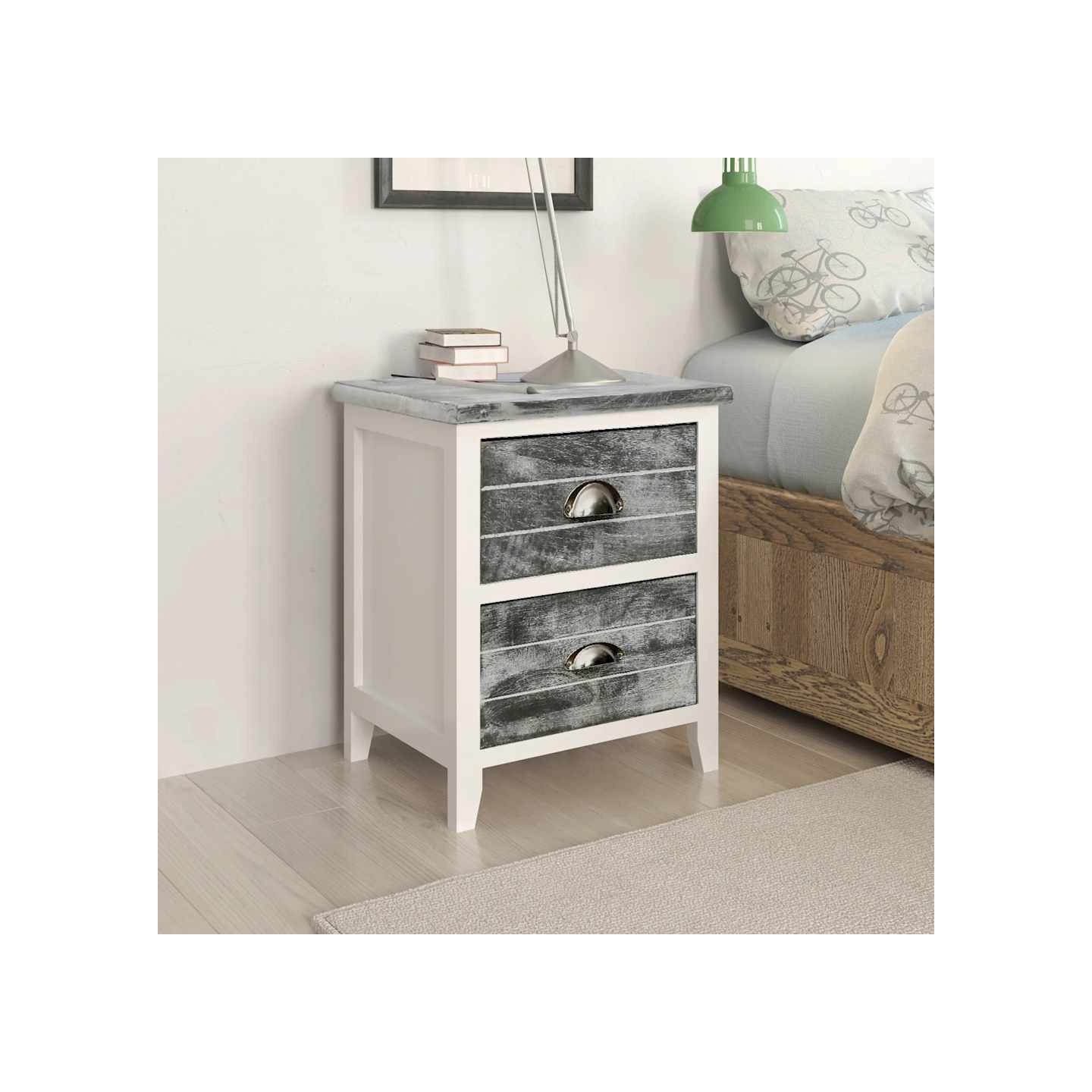 Table de chevet Gris et blanc 38x28x45 cm Bois de Paulownia