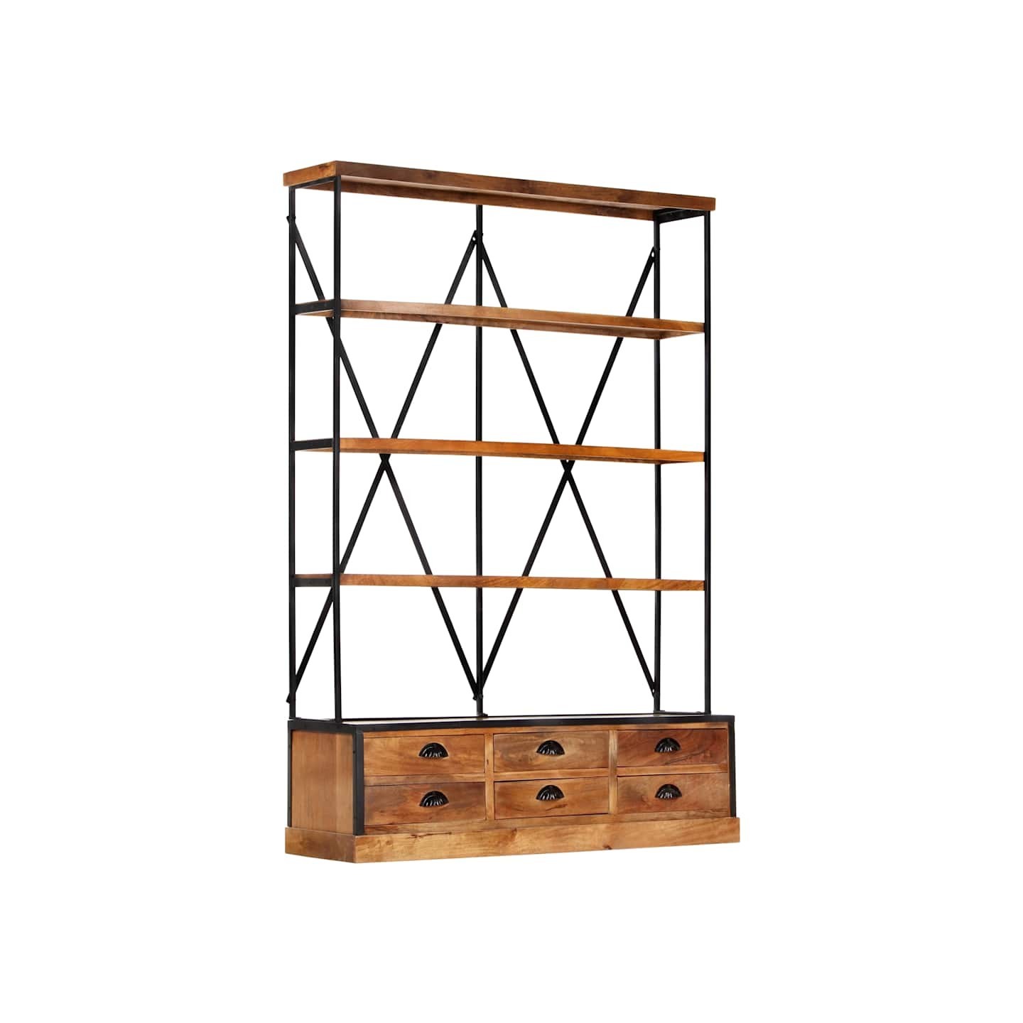 Bibliothèque à 4 étagères avec 6 tiroirs 122x36x181 cm Manguier