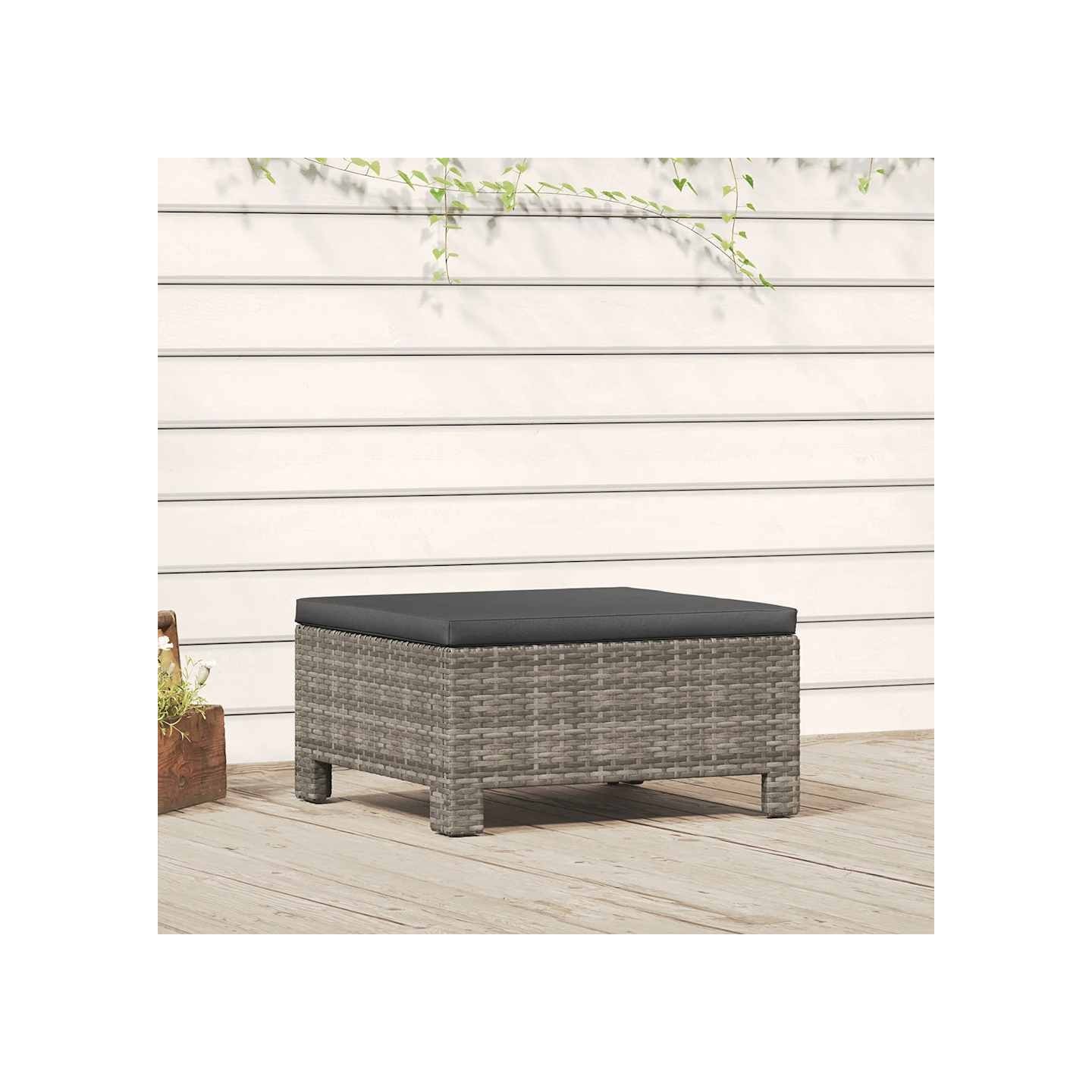 Repose-pieds de jardin avec coussin en polyrotin gris