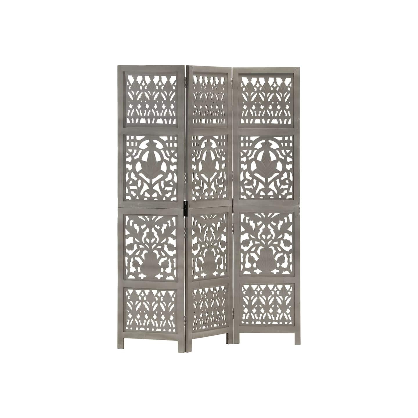 Cloison de séparation 3 panneaux Gris 120x165 cm Bois manguier