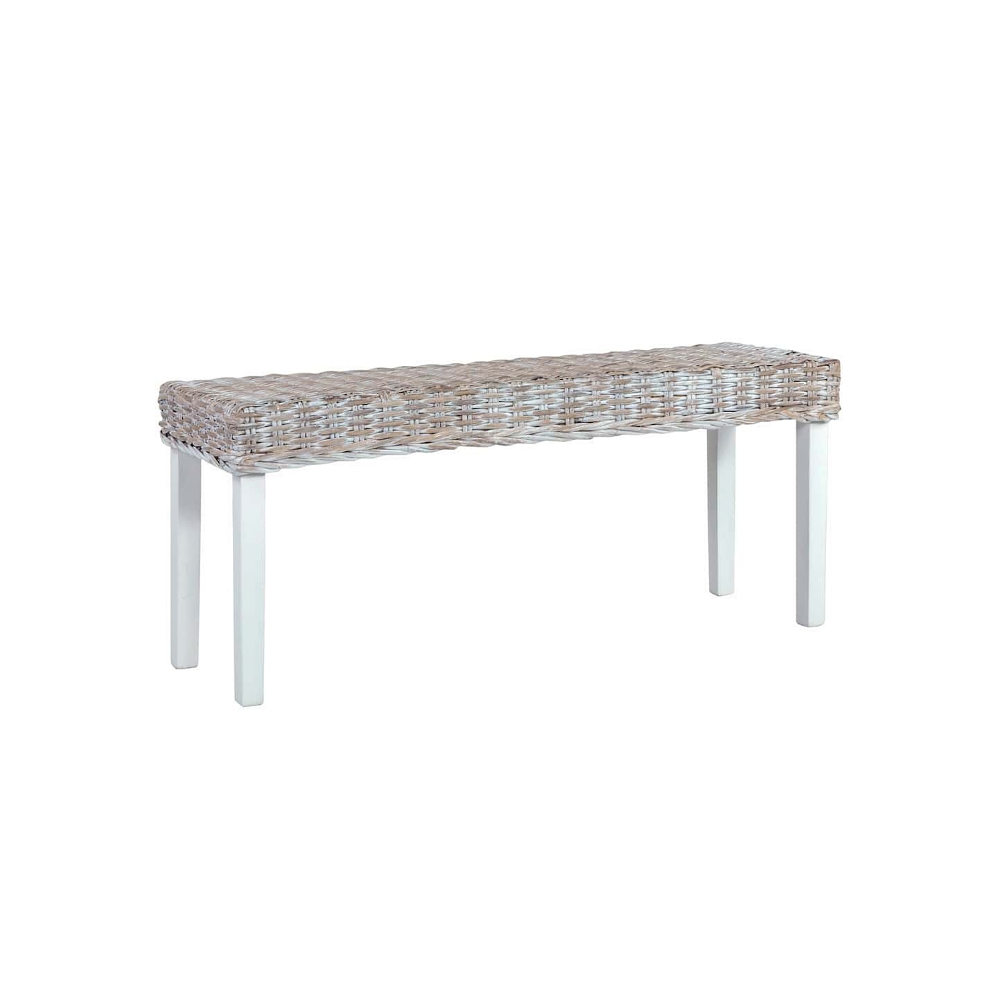 Banc 110 cm Blanc Rotin naturel kubu et bois d'acajou massif