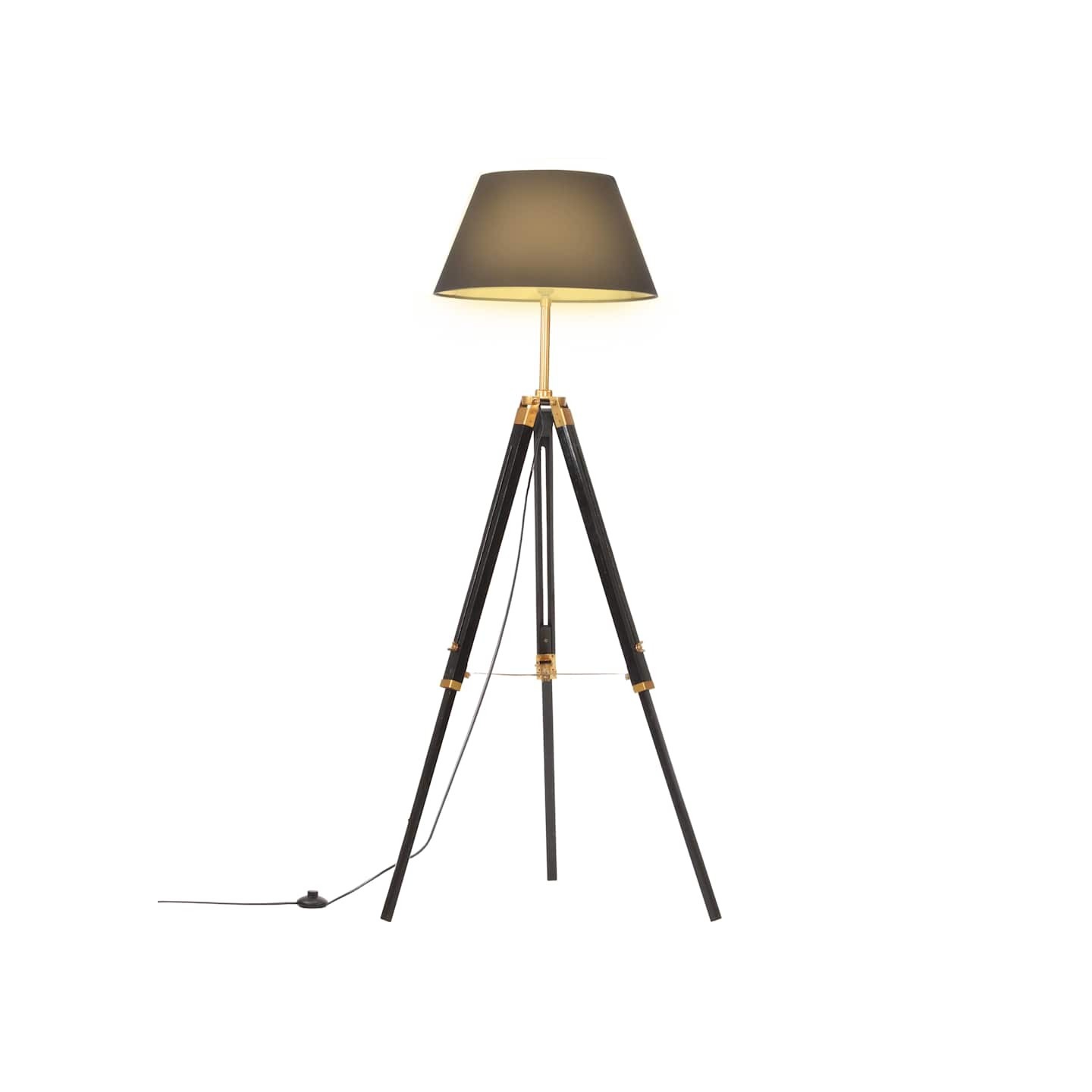 Lampadaire à trépied Noir et doré Bois de teck massif 141 cm
