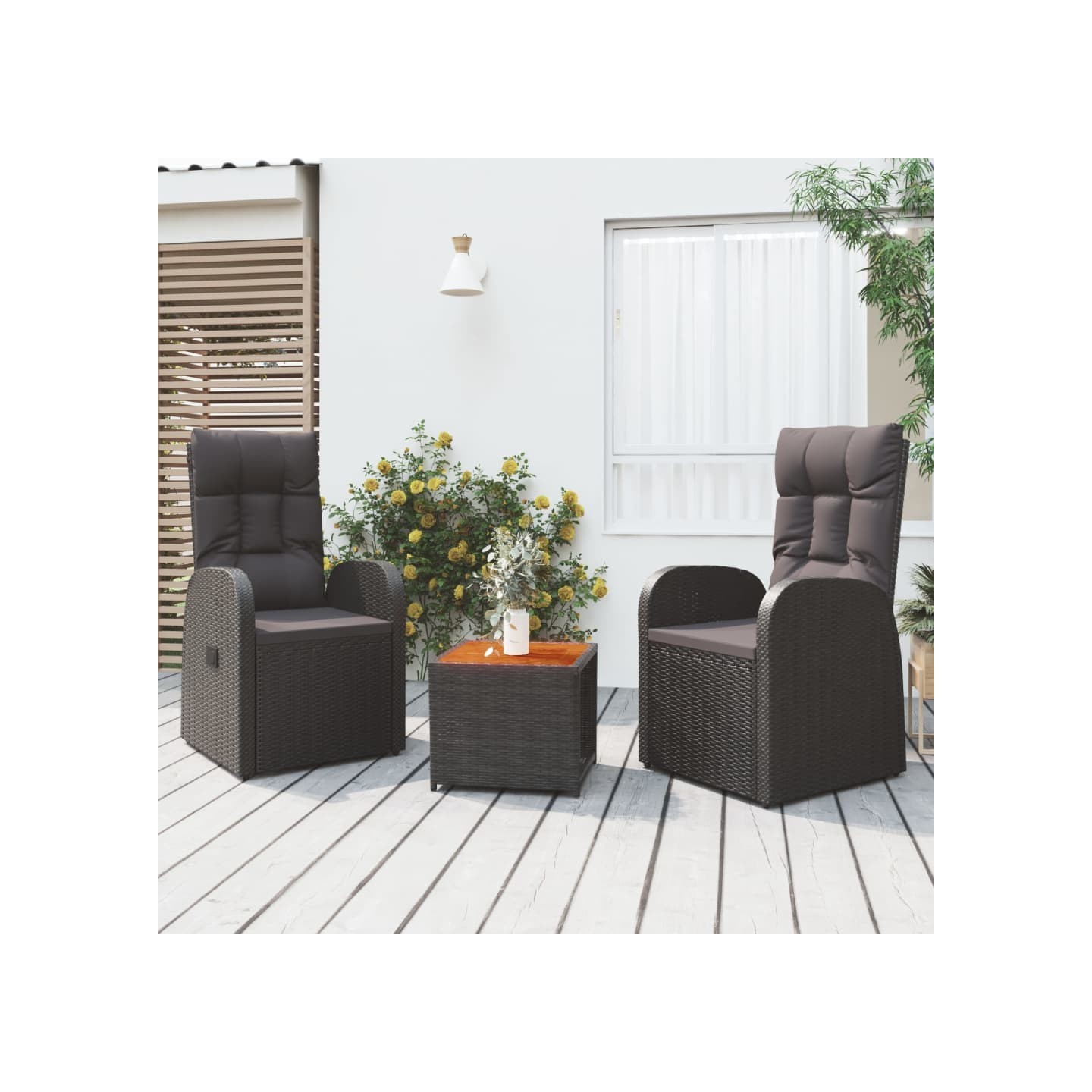 Ensemble de salon de jardin 3 pcs noir poly rotin et acacia