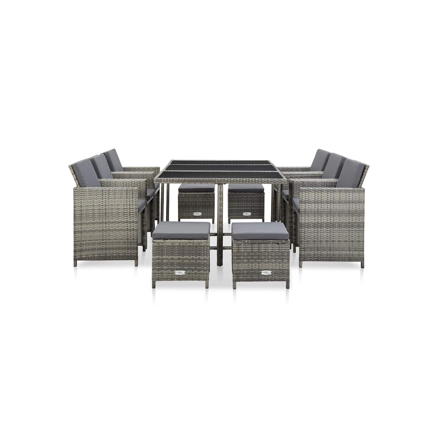 Ensemble à manger d’extérieur 11pcs et coussins poly rotin Gris