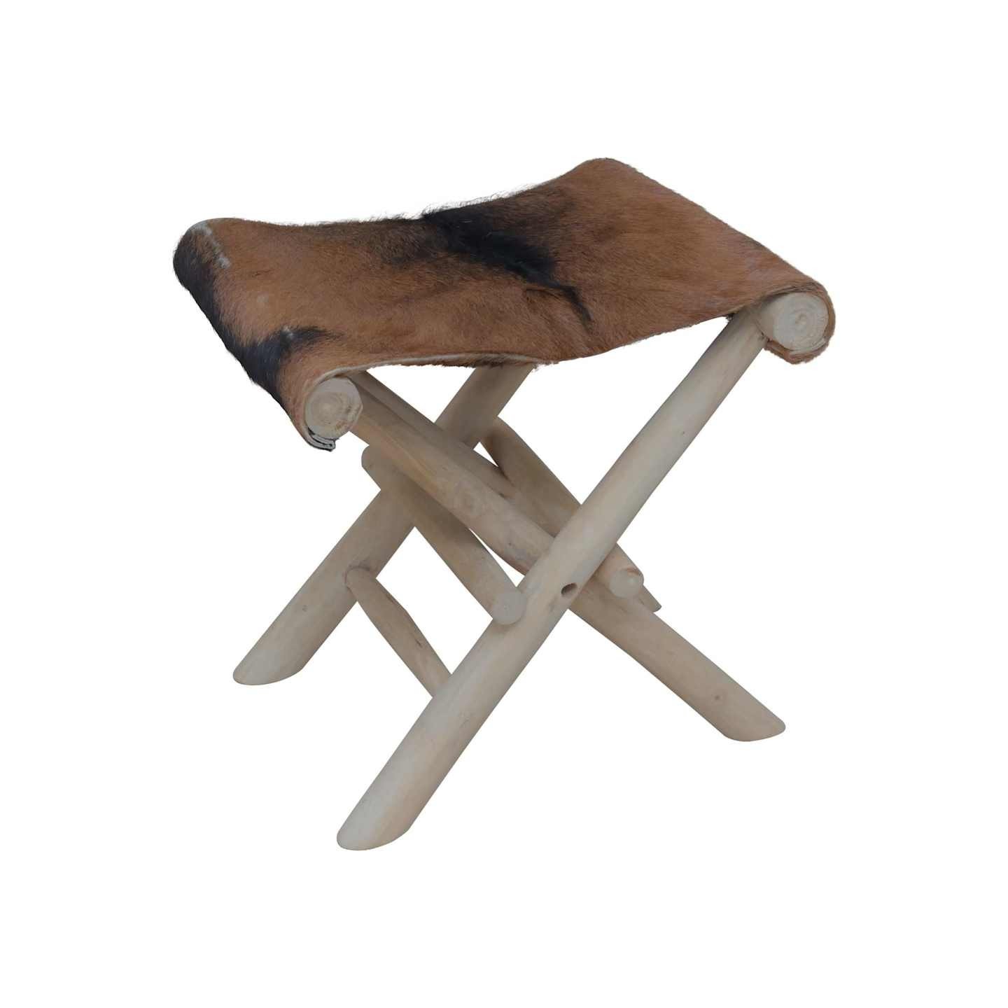 Tabouret pliable cuir de chèvre et bois de teck massif