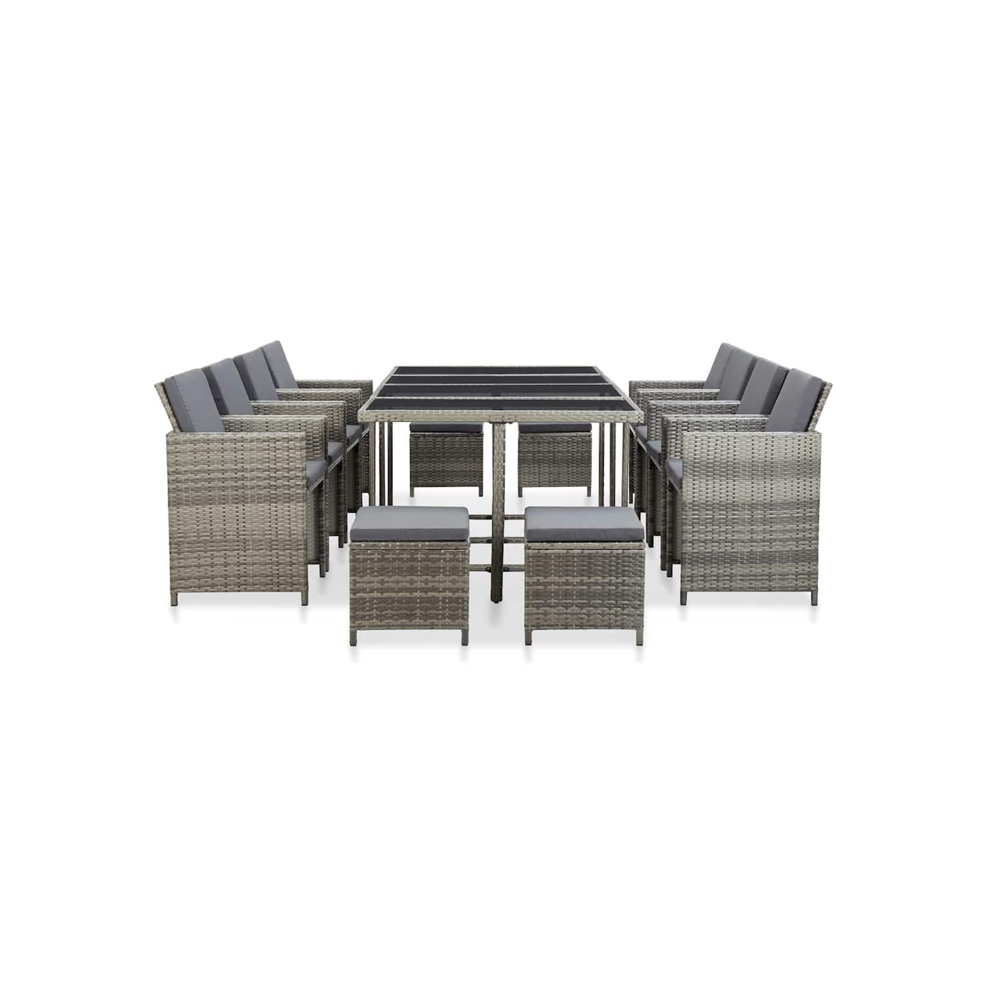 Ensemble à manger d'extérieur 13pcs et coussins poly rotin Gris