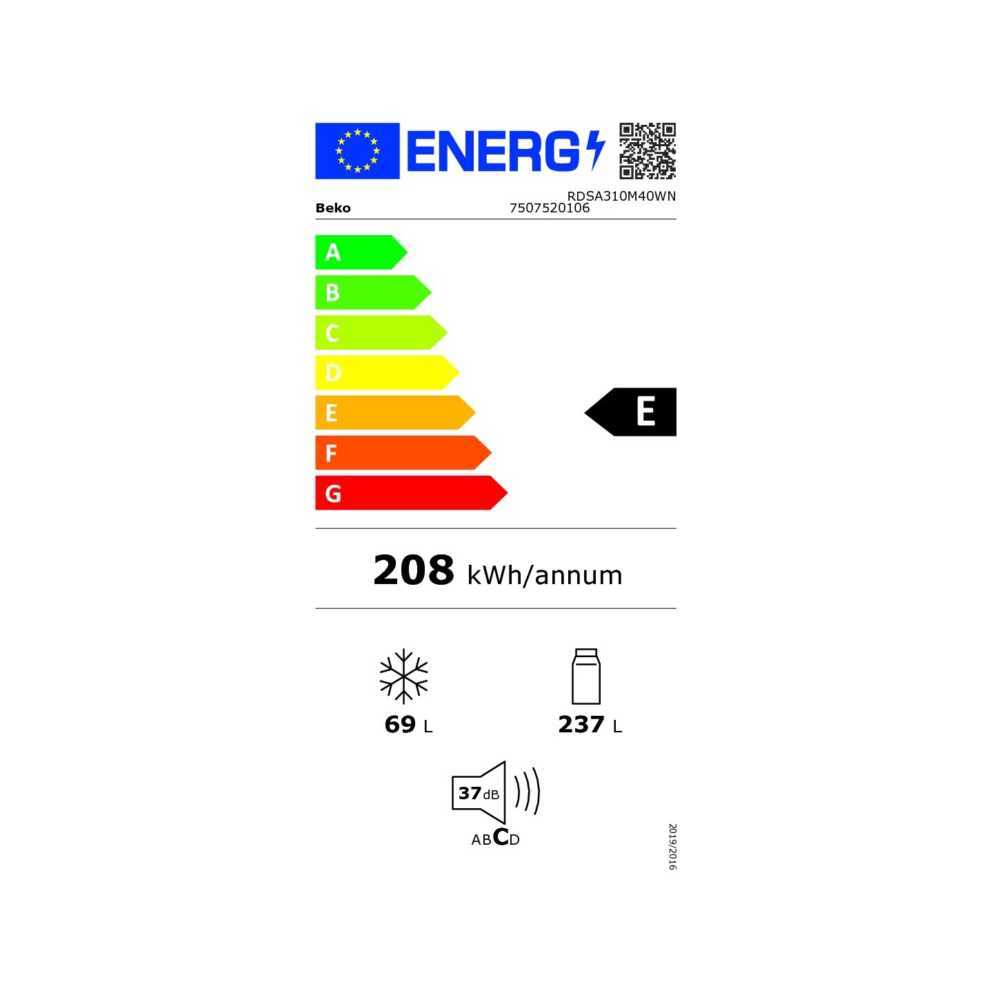 Réfrigérateur 2 portes Beko RDSA310M40WN 306 L blanc | Nimestore