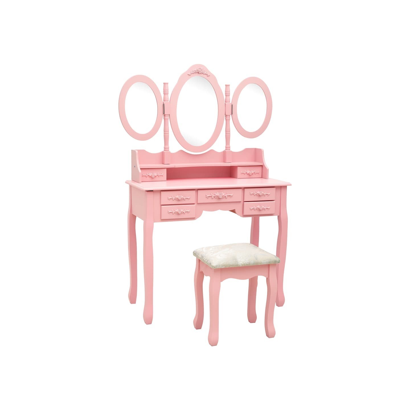 Coiffeuse avec tabouret et miroir pliable en 3 Rose