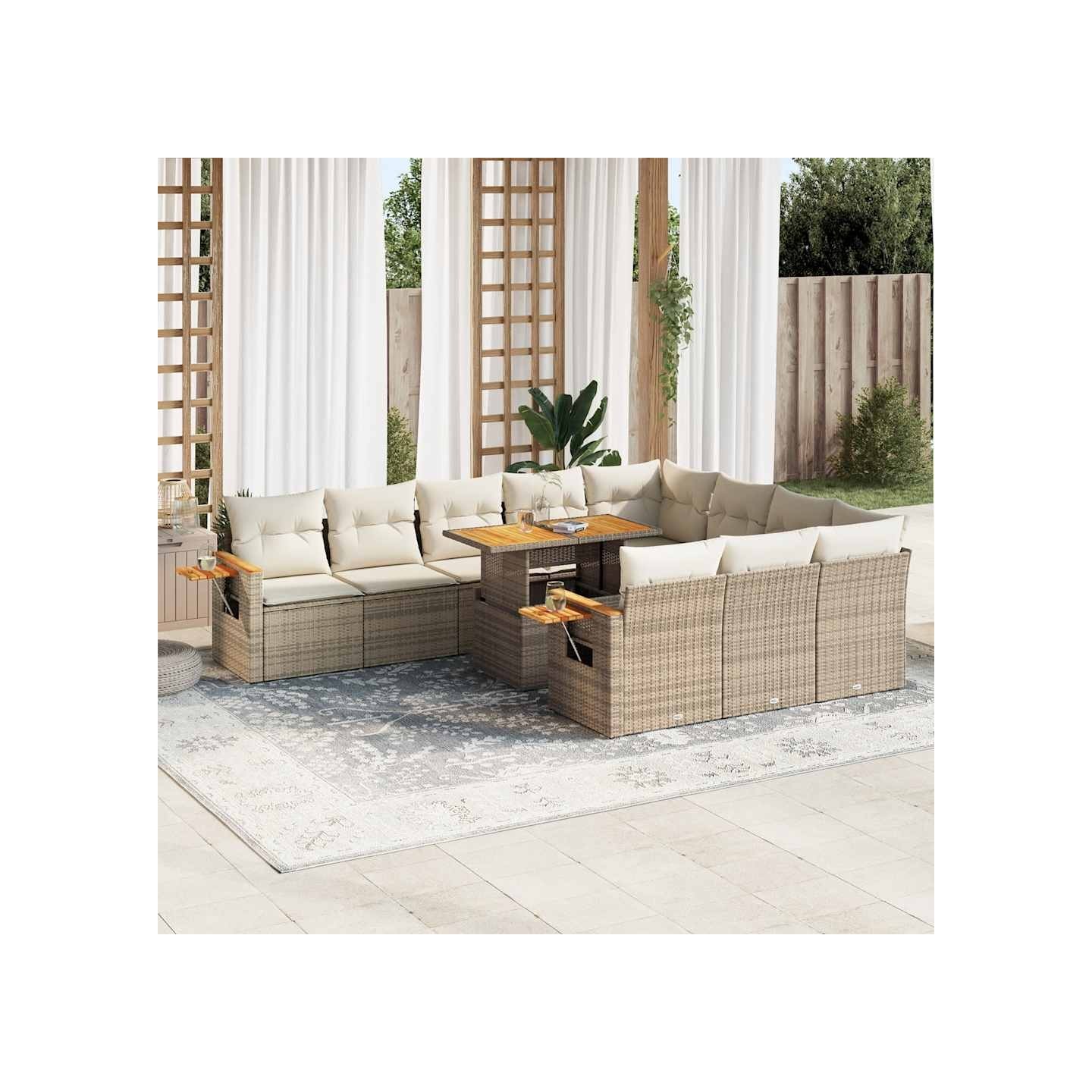 Salon de jardin 11pcs avec coussins beige résine tressée acacia