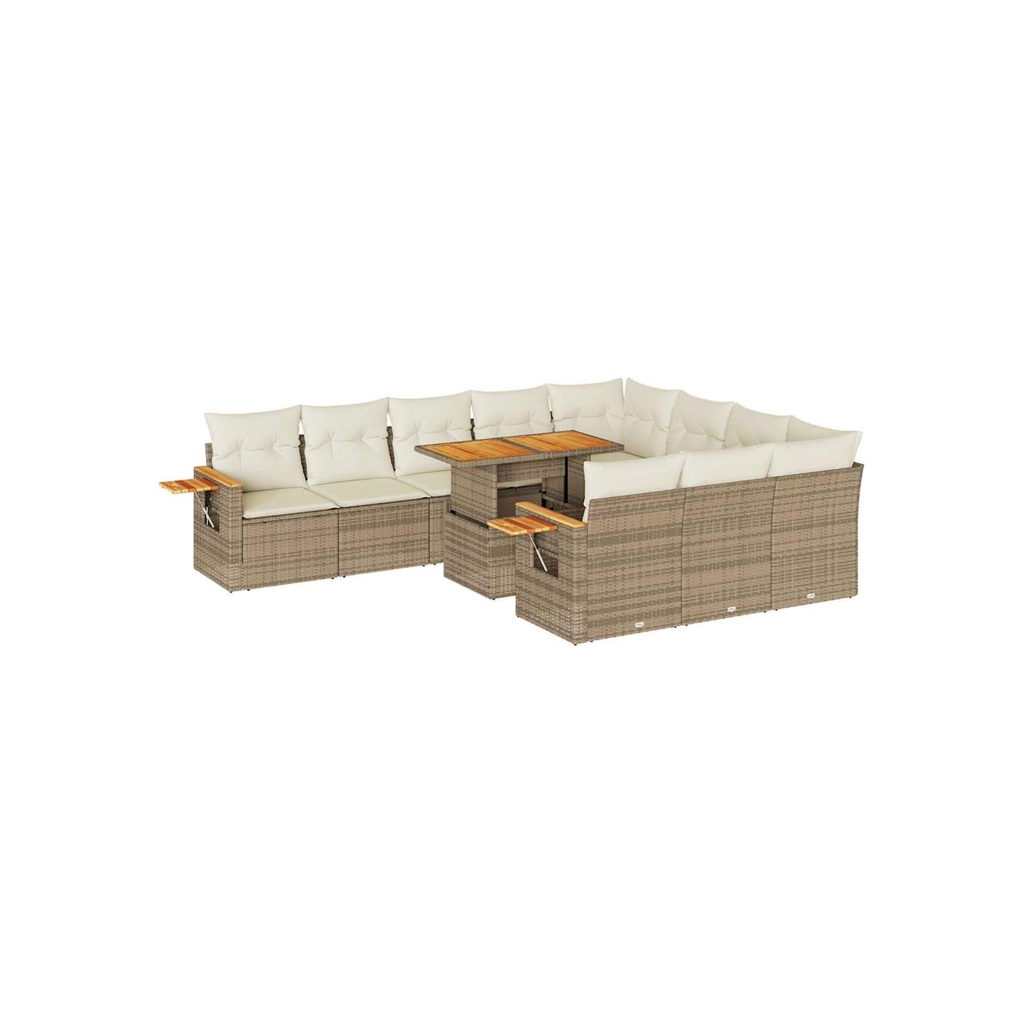 Salon de jardin 11pcs avec coussins beige résine tressée acacia