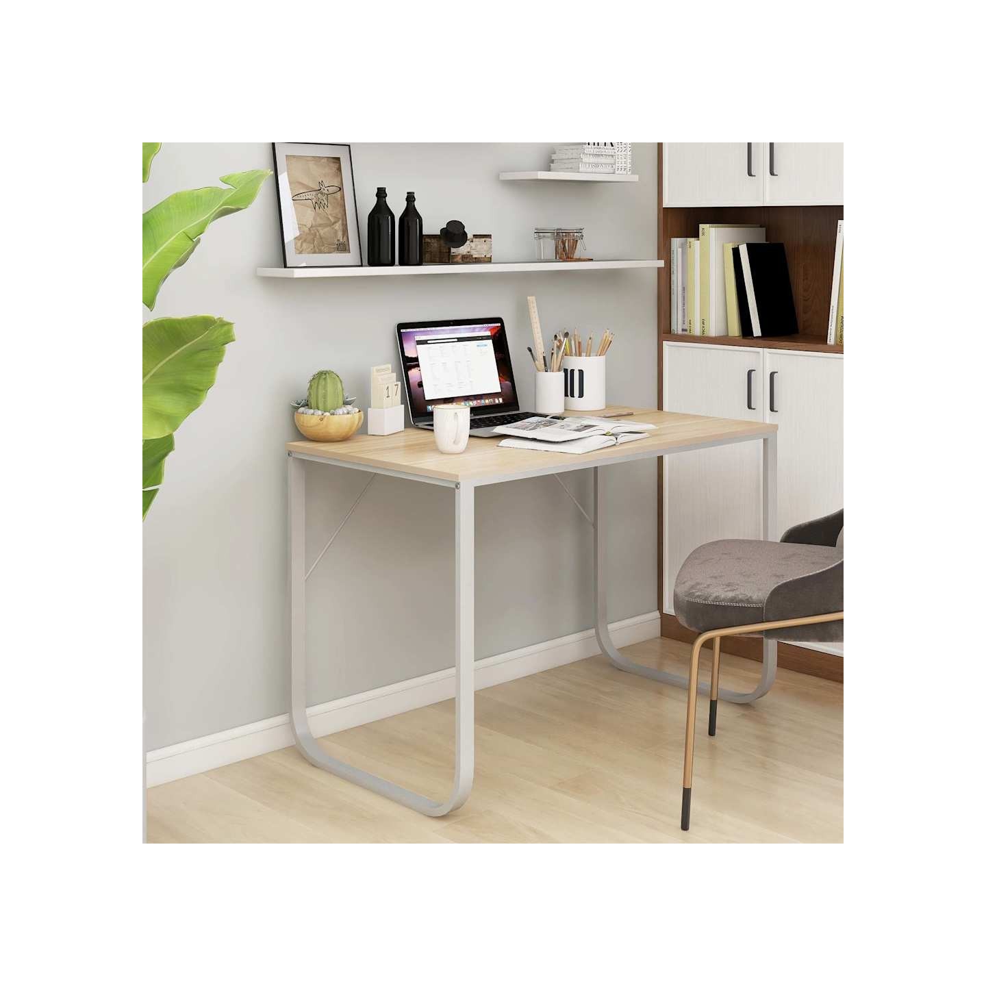 Bureau d'ordinateur Blanc et chêne 110x60x73 cm Aggloméré
