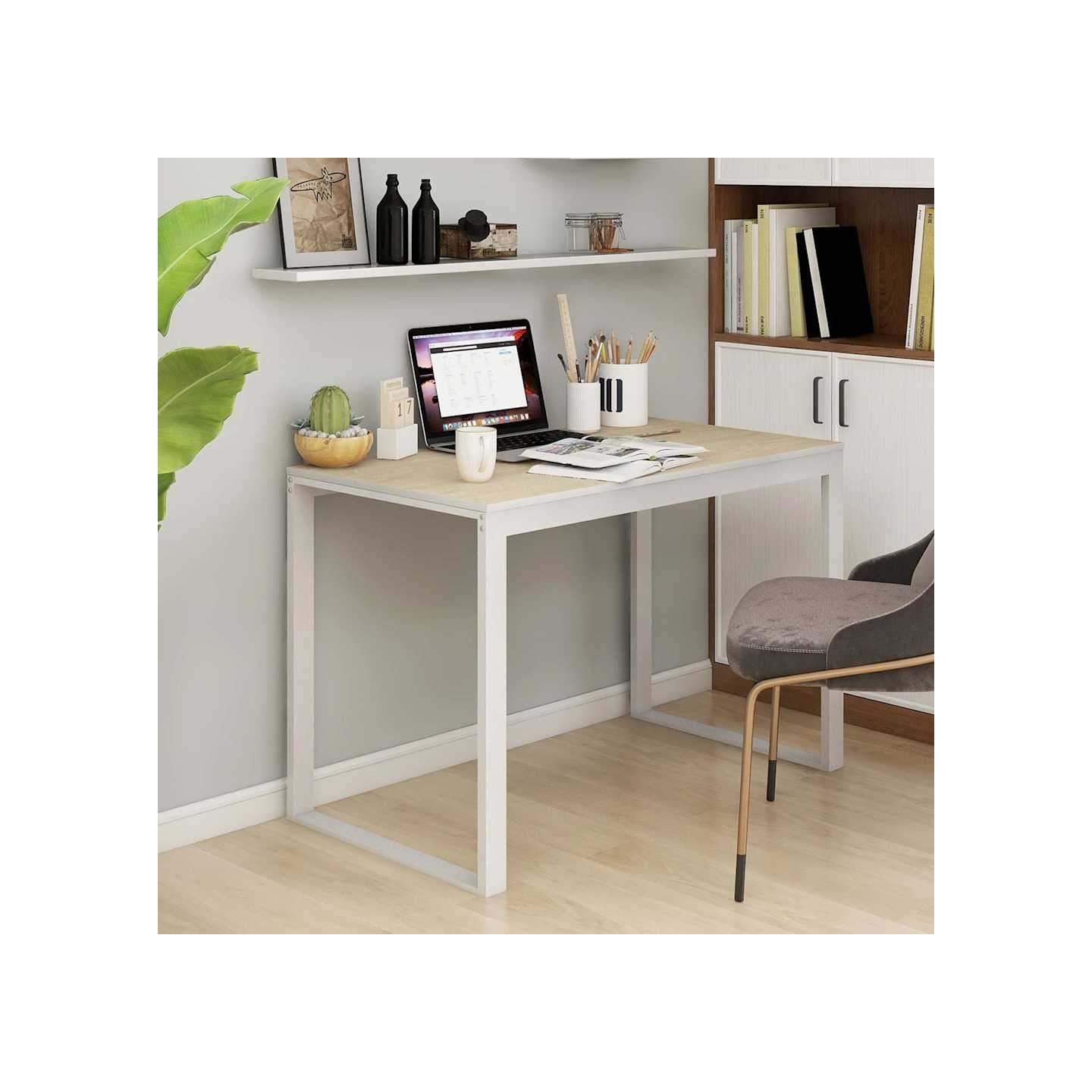Bureau d'ordinateur Blanc et chêne 110x60x73 cm Aggloméré