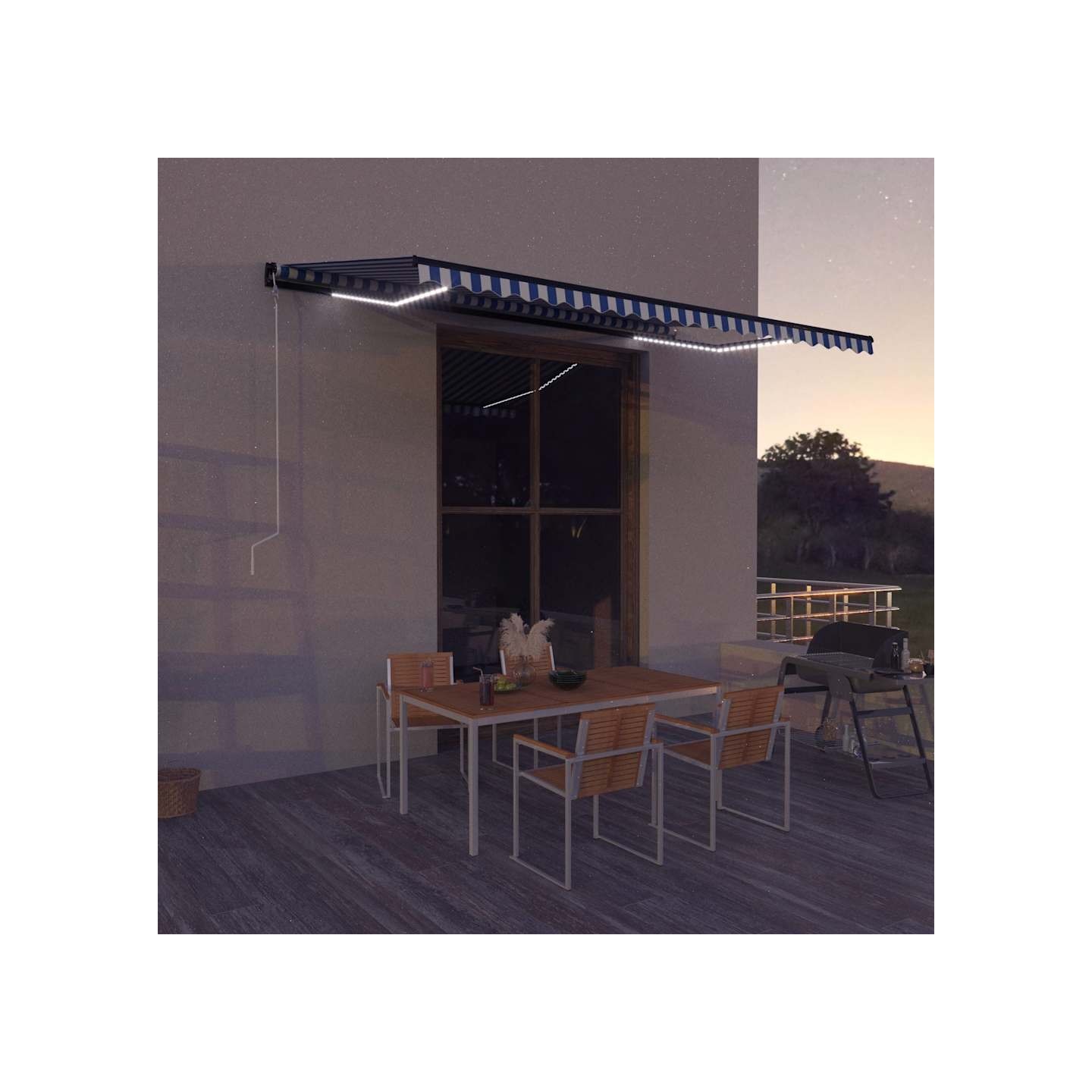 Auvent avec capteur de vent et LED 500x300 cm Bleu et blanc