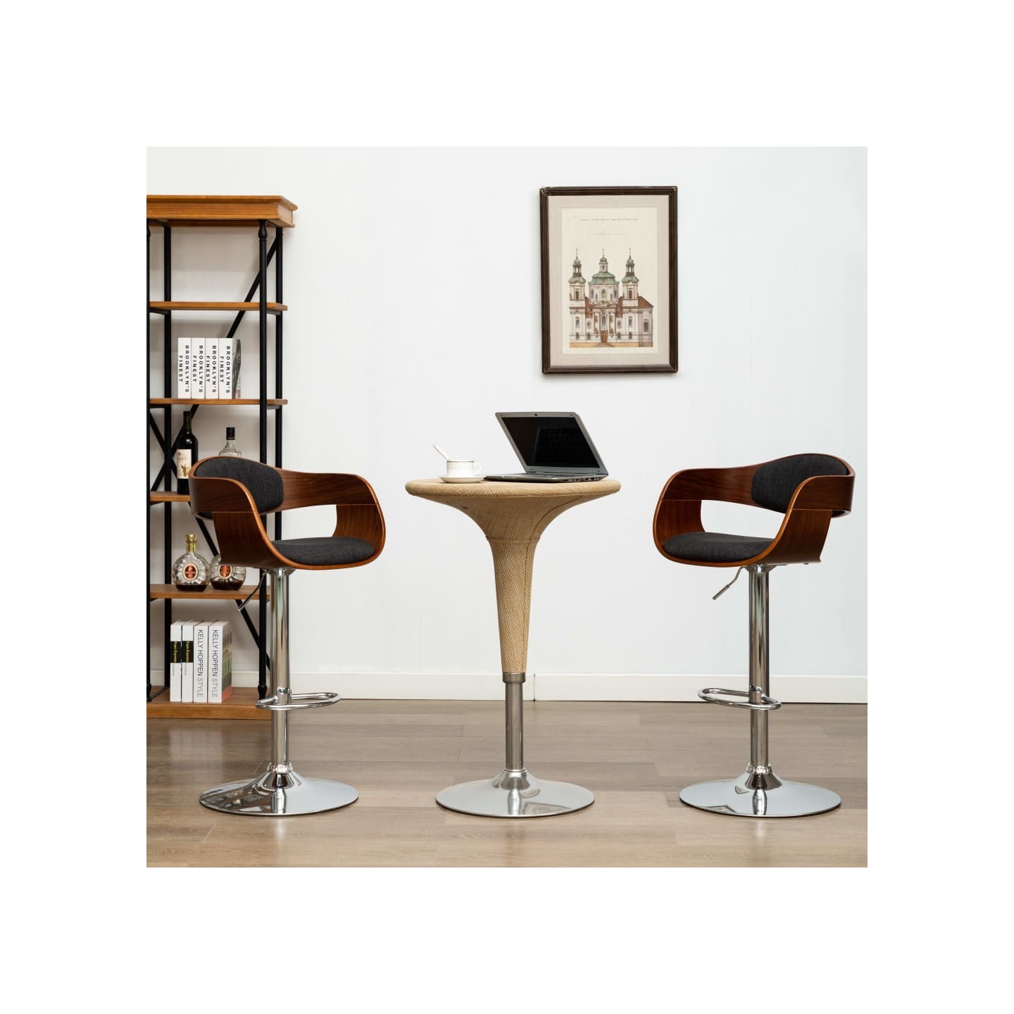 Chaises de bar lot de 2 gris bois courbé et tissu