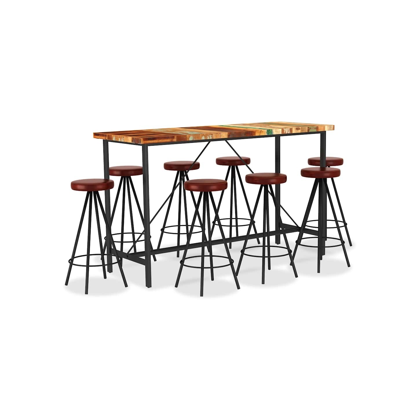 Ensemble de bar 9 pcs Bois de récupération et cuir véritable