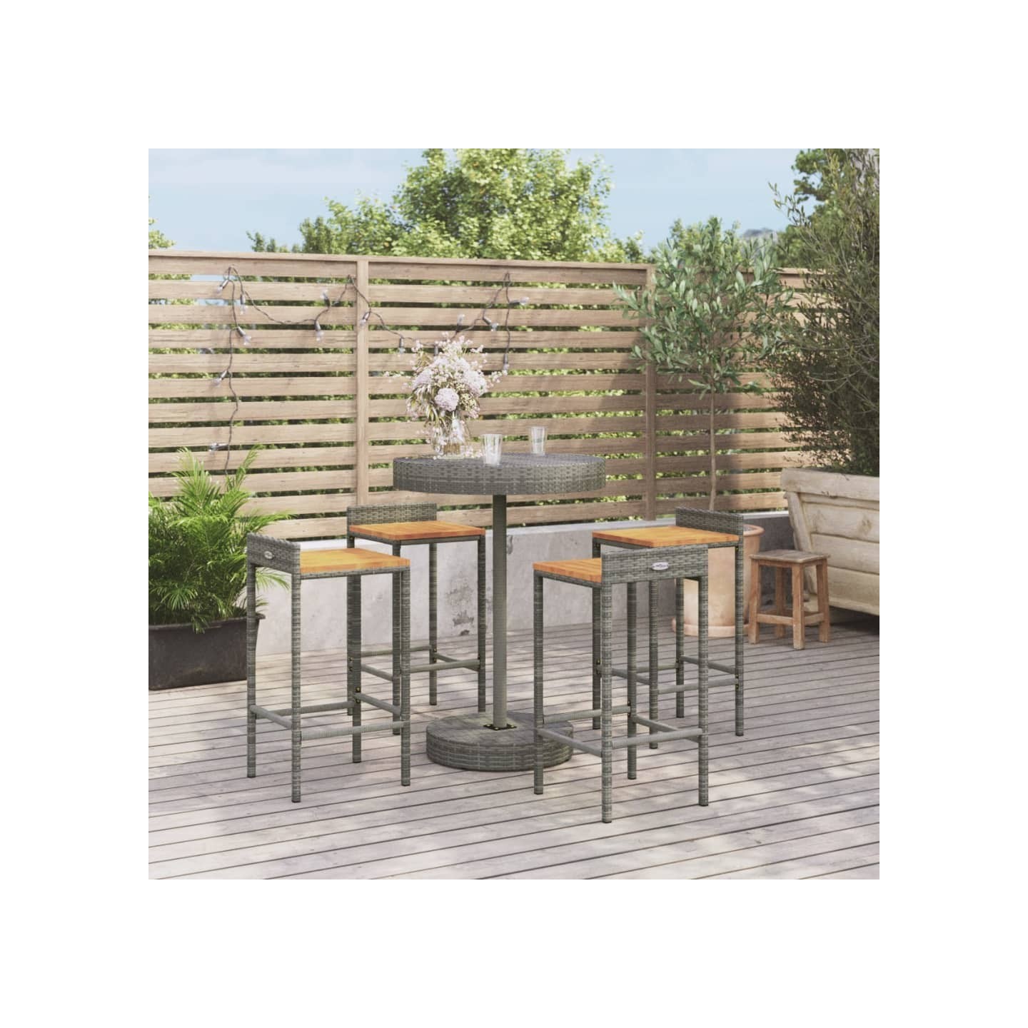Ensemble de bar jardin 5 pcs gris poly rotin/bois massif acacia