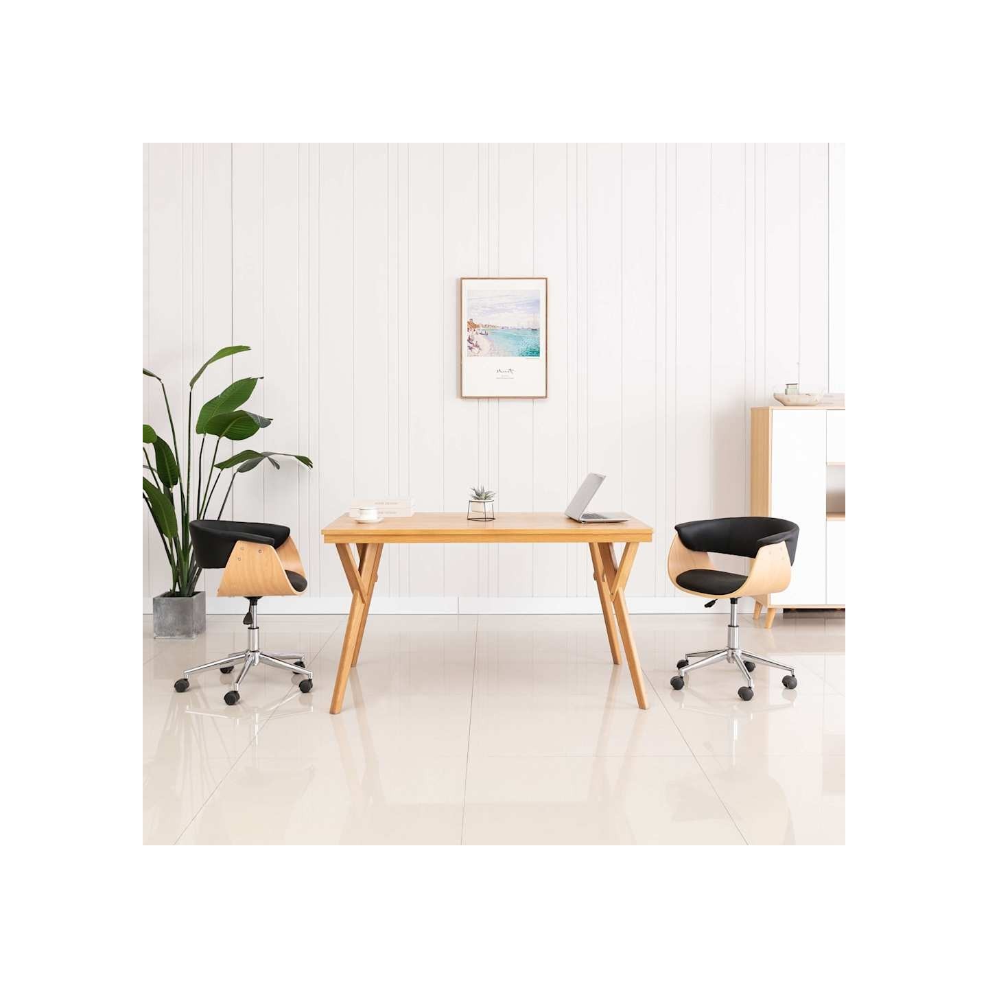 Chaise pivotante de bureau Noir Bois courbé et similicuir