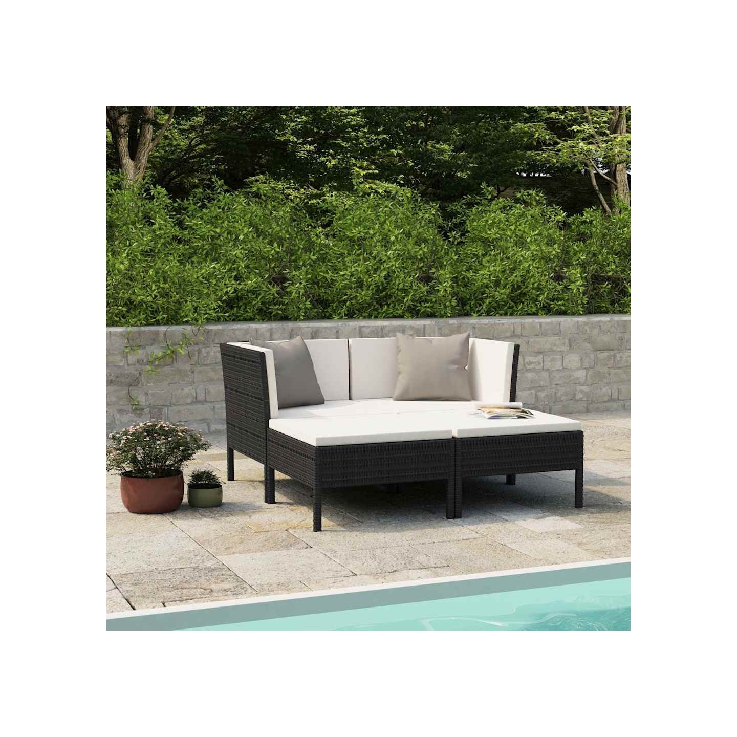 Salon de jardin 4 pcs avec coussins Résine tressée Noir
