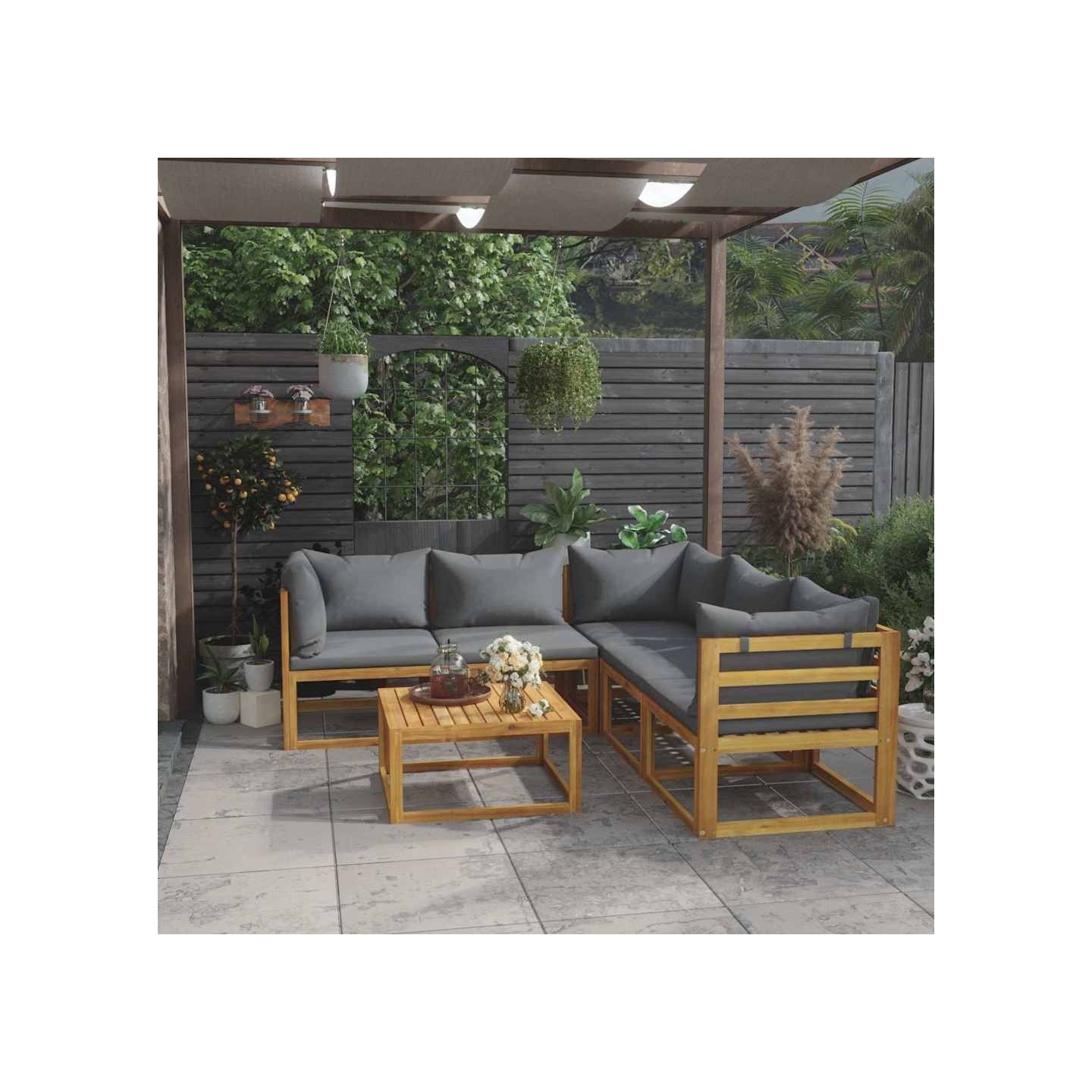 Salon de jardin 6 pcs avec coussin Bois d'acacia solide